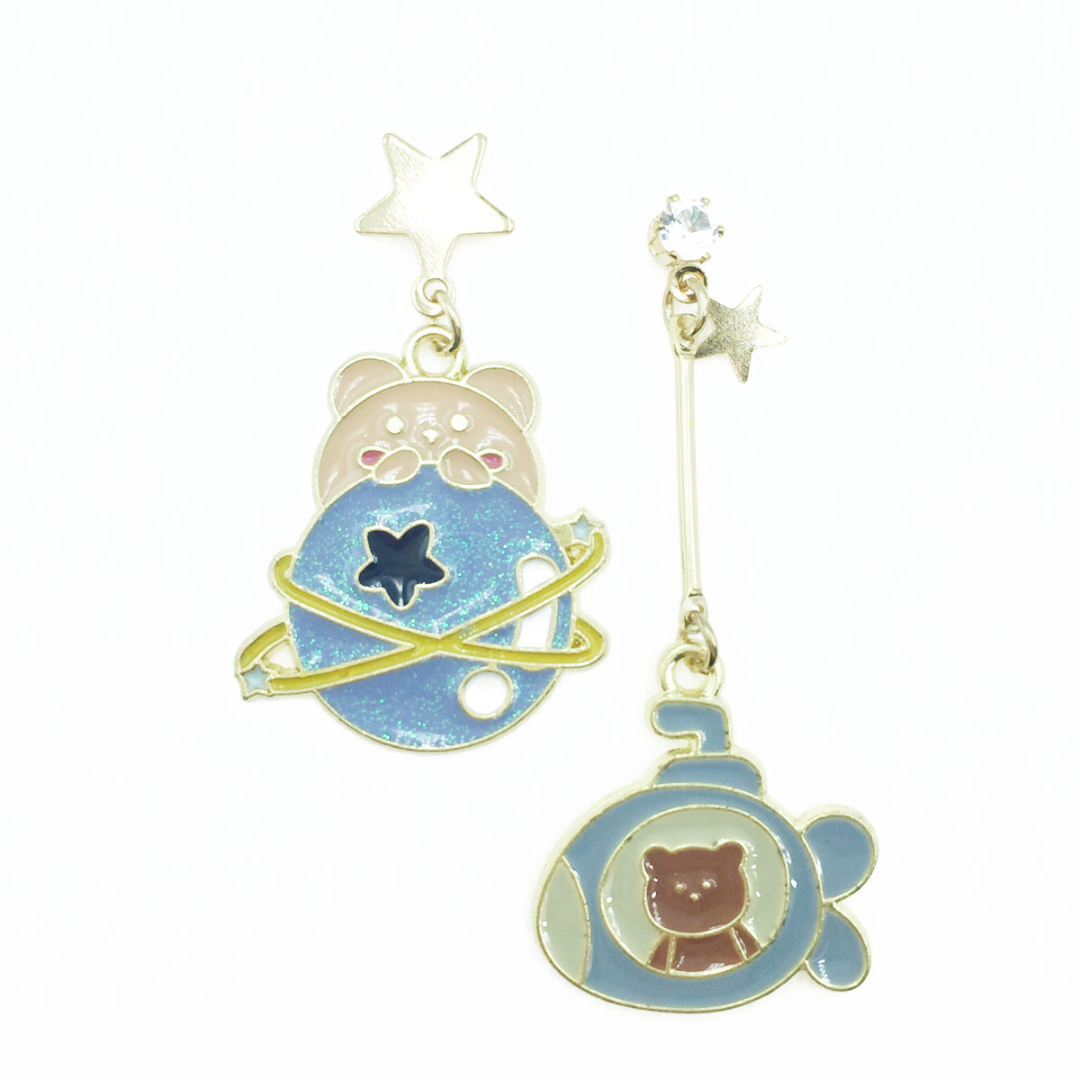 韓國 925純銀 小熊 飛船 星球 可愛 趣味 垂墜感 耳針式耳環
