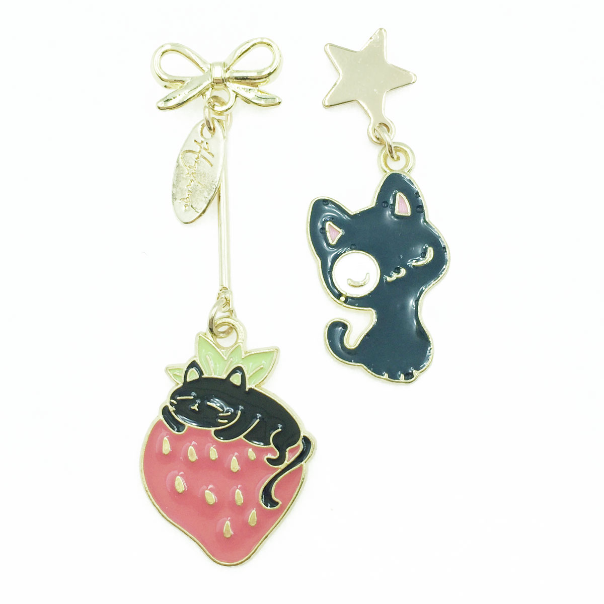 韓國 925純銀 黑貓 草莓 蝴蝶結 星星 可愛 趣味 垂墜感 耳針式耳環