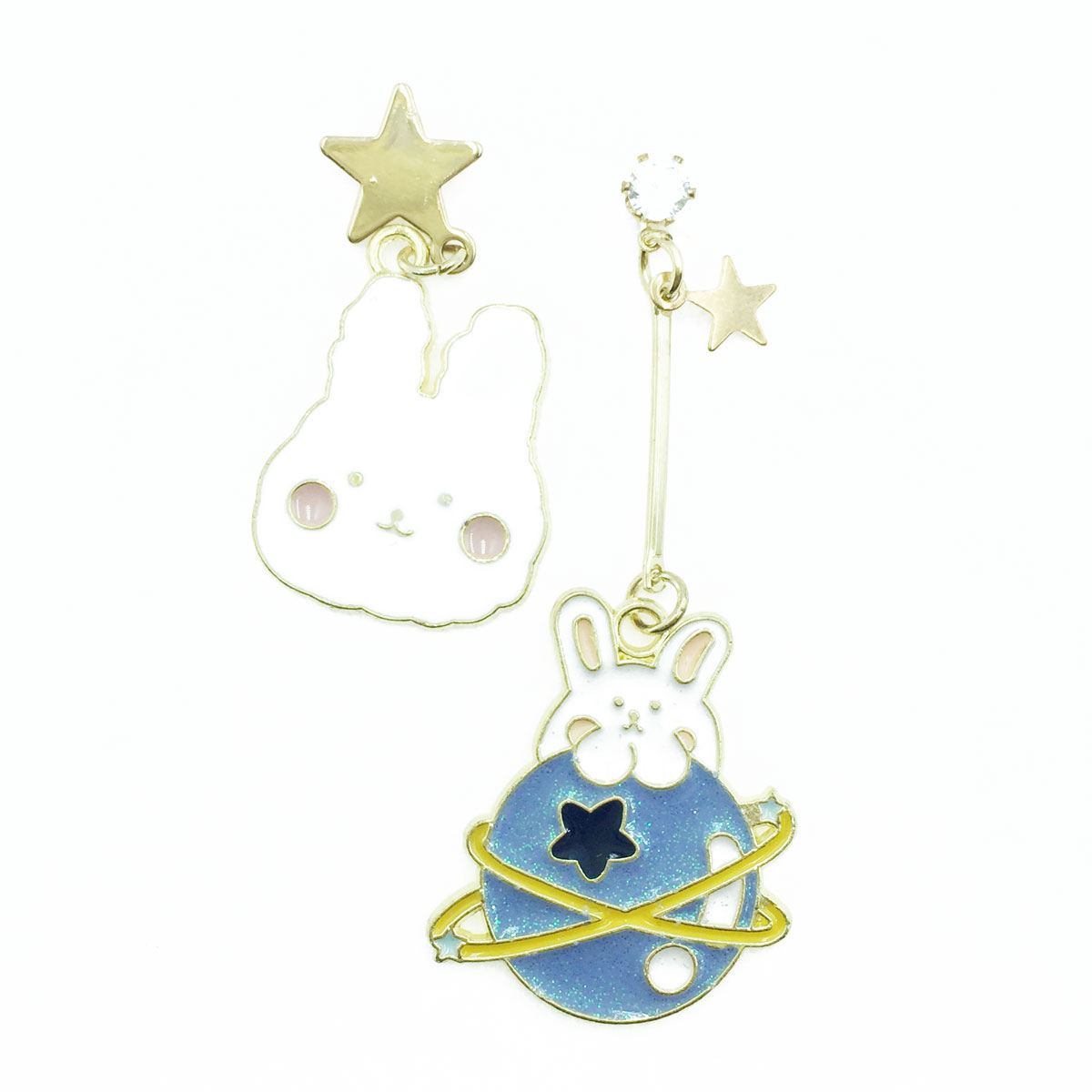 韓國 925純銀 白兔 水鑽 星星 星球 可愛 趣味 垂墜感 耳針式耳環