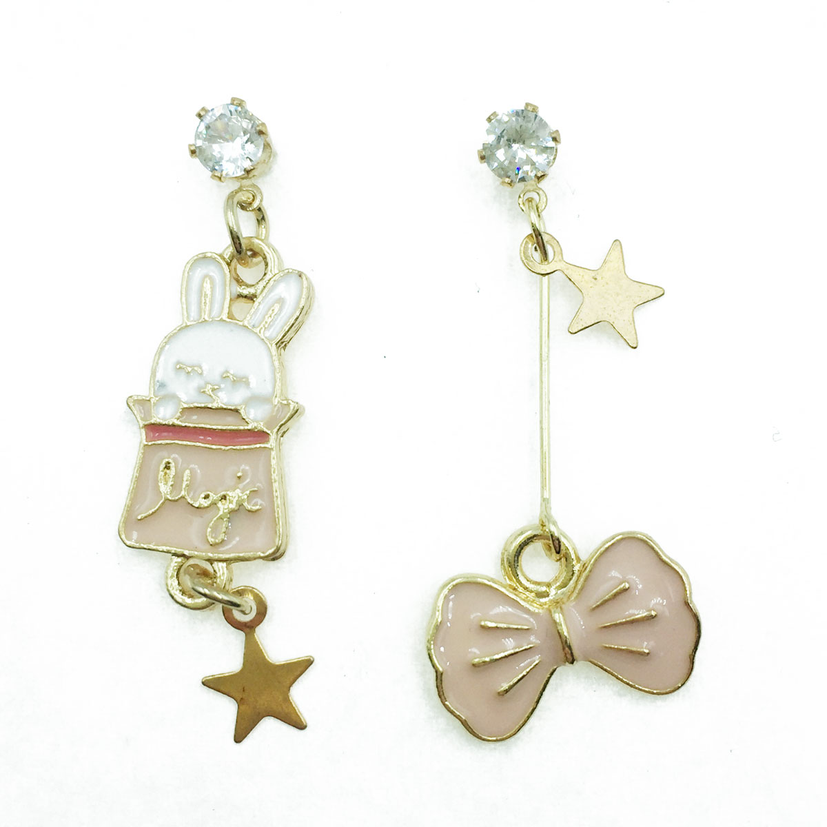 韓國 925純銀 魔術 兔子 水鑽 蝴蝶結 星星 可愛 趣味 垂墜感 耳針式耳環