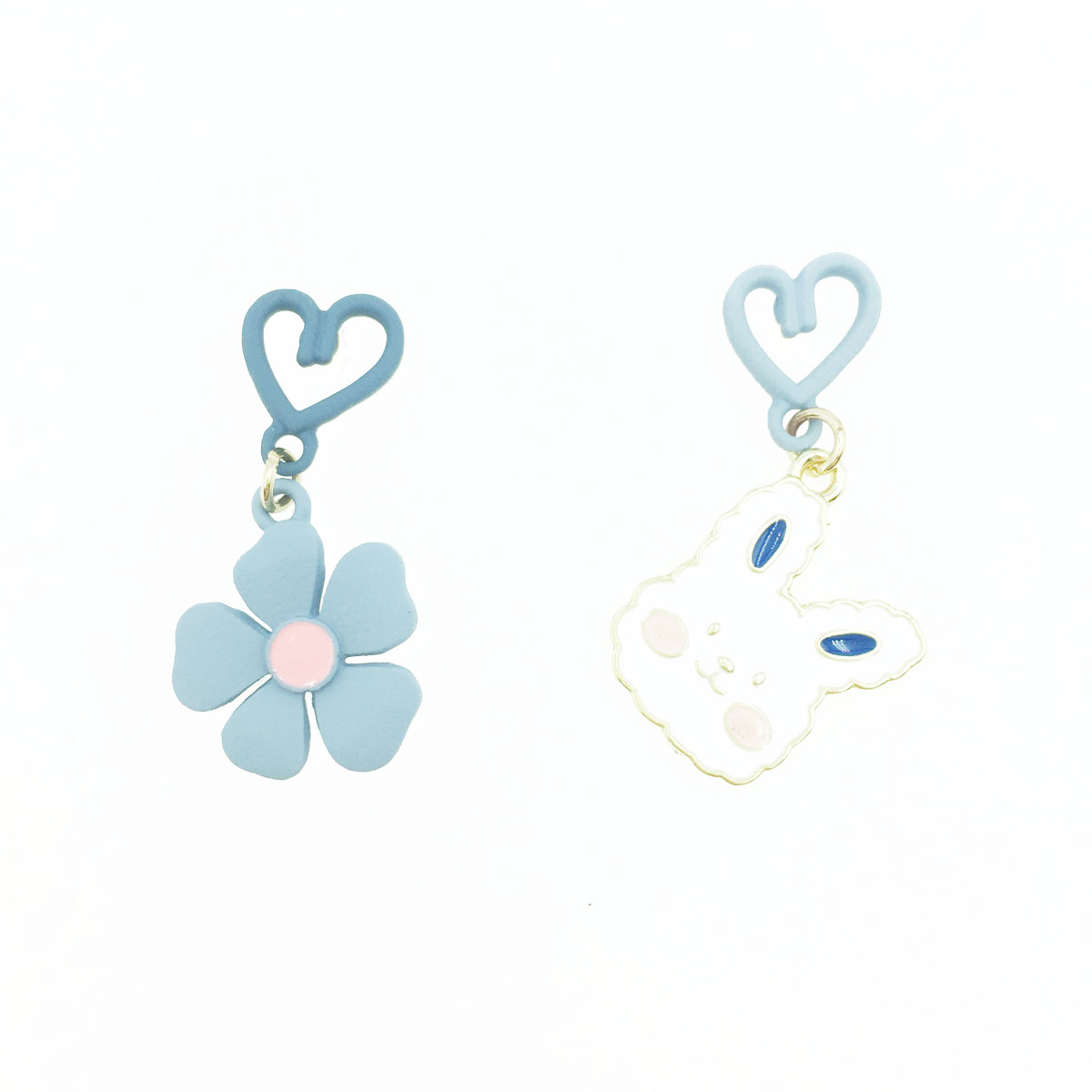 韓國 925純銀 白兔 藍色小花 可愛 趣味 垂墜感 耳針式耳環