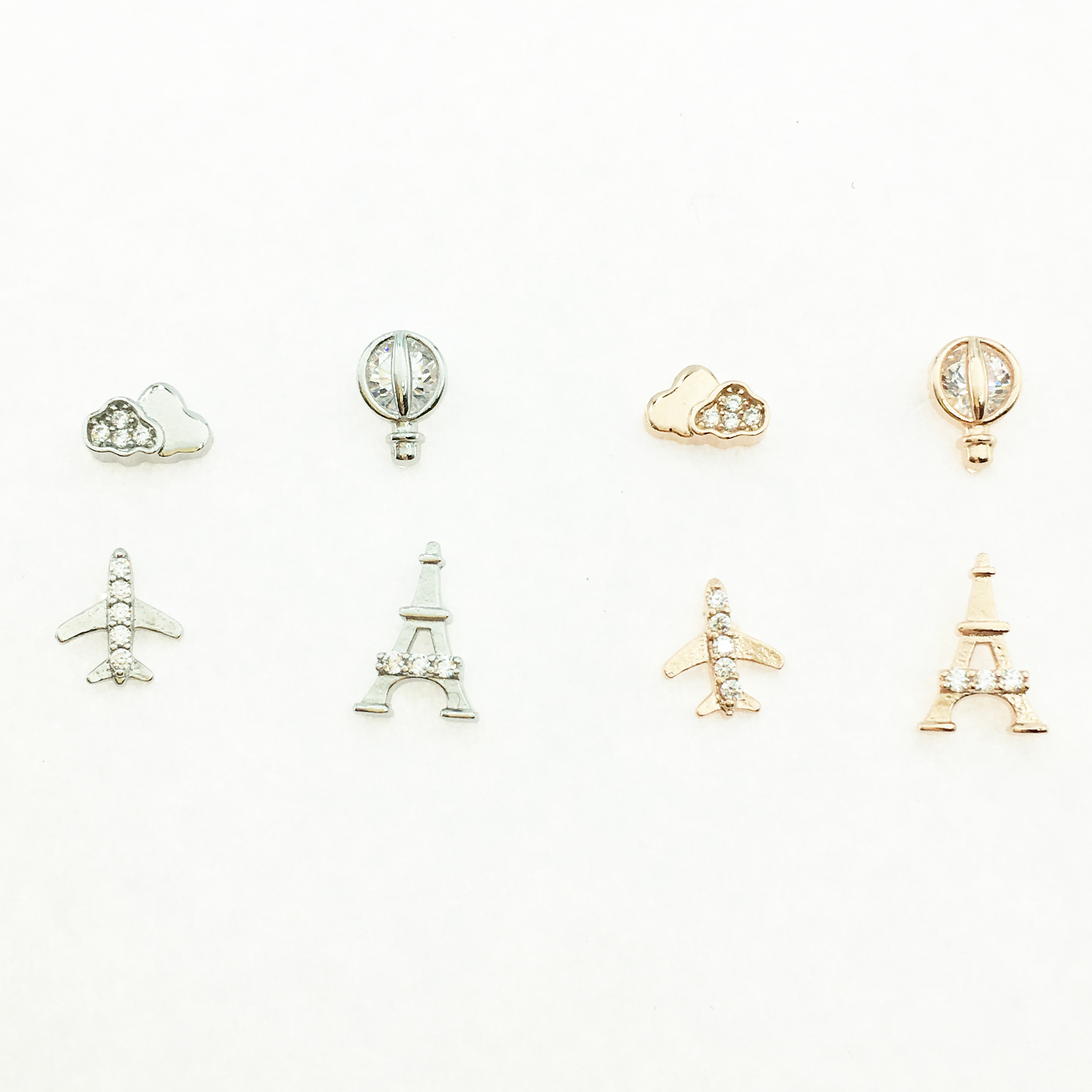 韓國 925純銀 水鑽 雲朵 熱氣球 飛機 鐵塔 雙色 一卡四入 耳針式耳環