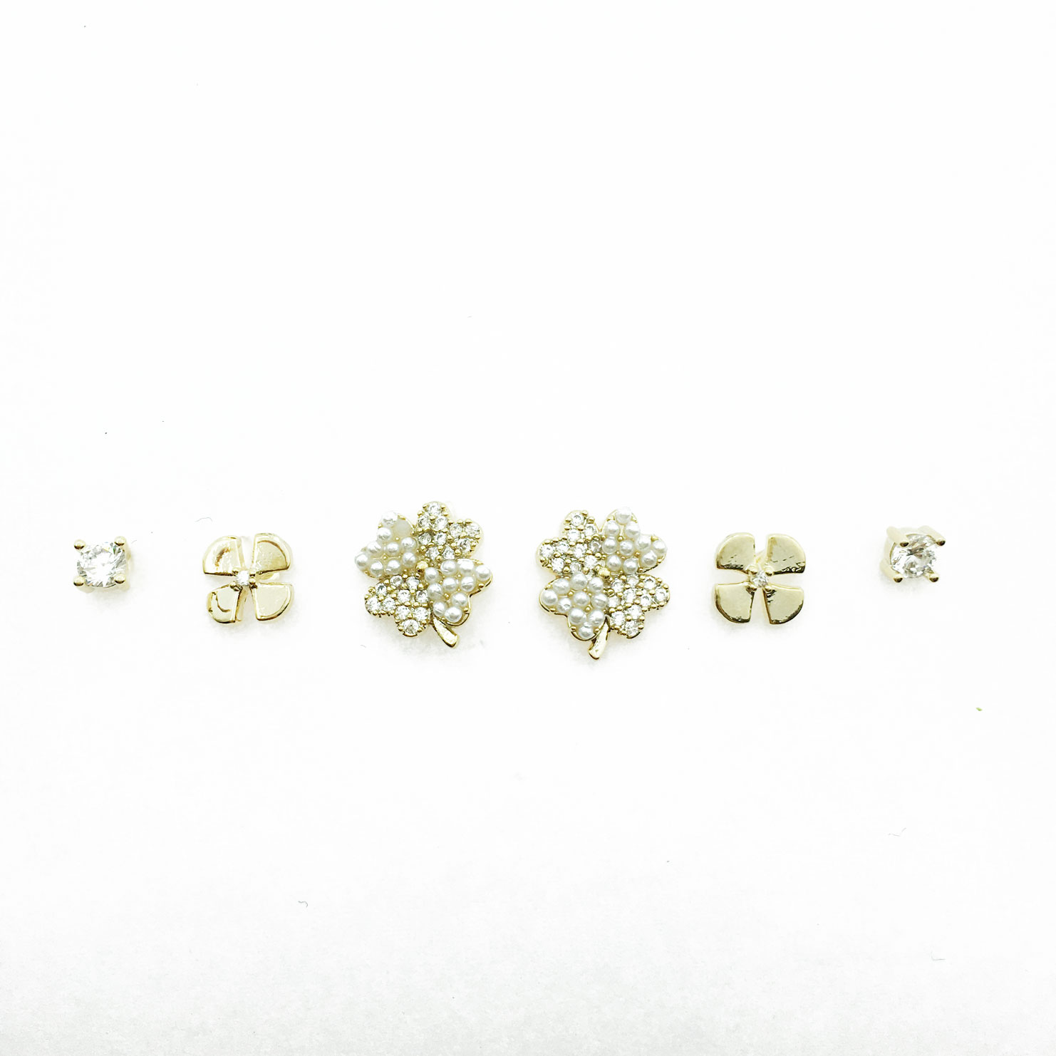 韓國 925純銀 水鑽 珍珠 幸運草 一卡六入 耳針式耳環