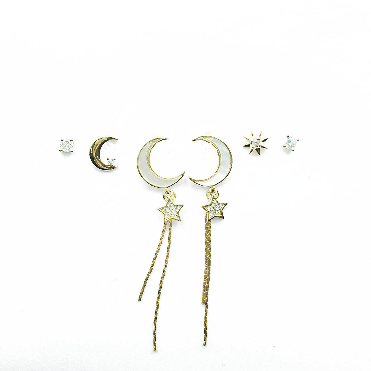韓國 925純銀 水鑽 星星 月亮 星芒 垂墜感 一卡六入 耳針式耳環