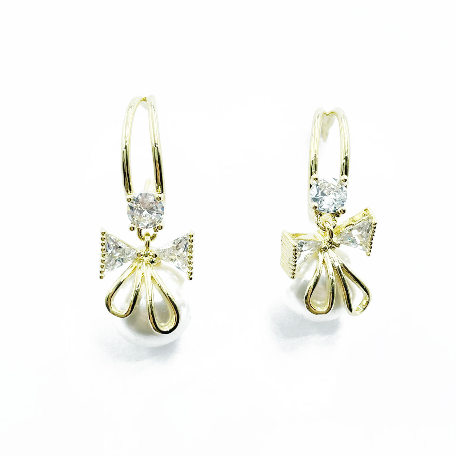 韓國 925純銀 水鑽 大珍珠 蝴蝶結 垂墜感 耳針式耳環