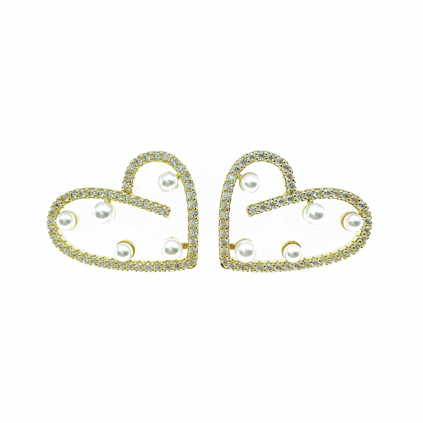 韓國 925純銀 水鑽 珍珠 愛心 簍空 耳針式耳環