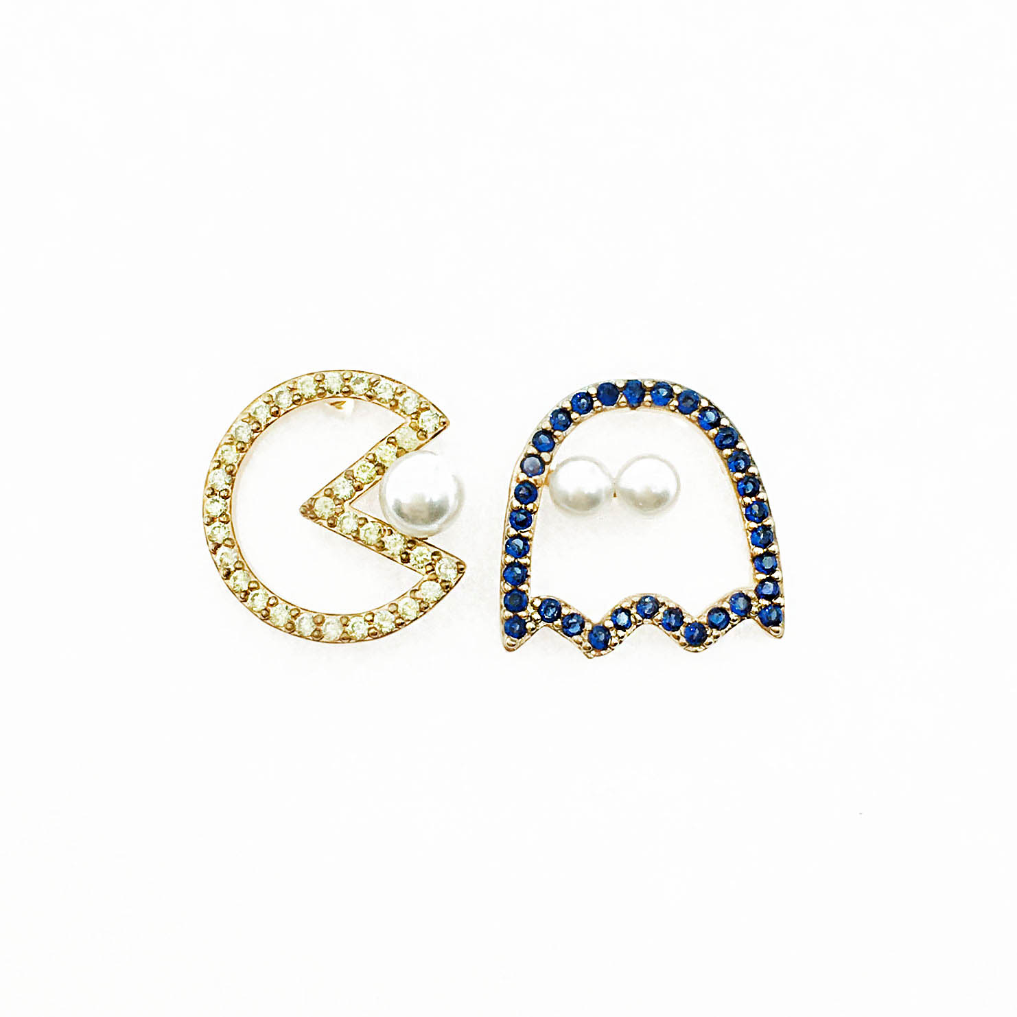 韓國 925純銀 水鑽 珍珠 小怪獸 趣味 耳針式耳環