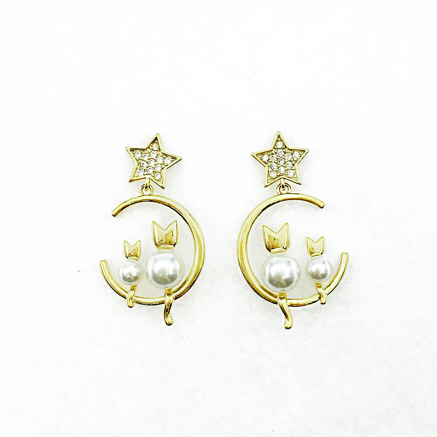 韓國 925純銀 水鑽 珍珠 星星 貓咪 垂墜感 耳針式耳環