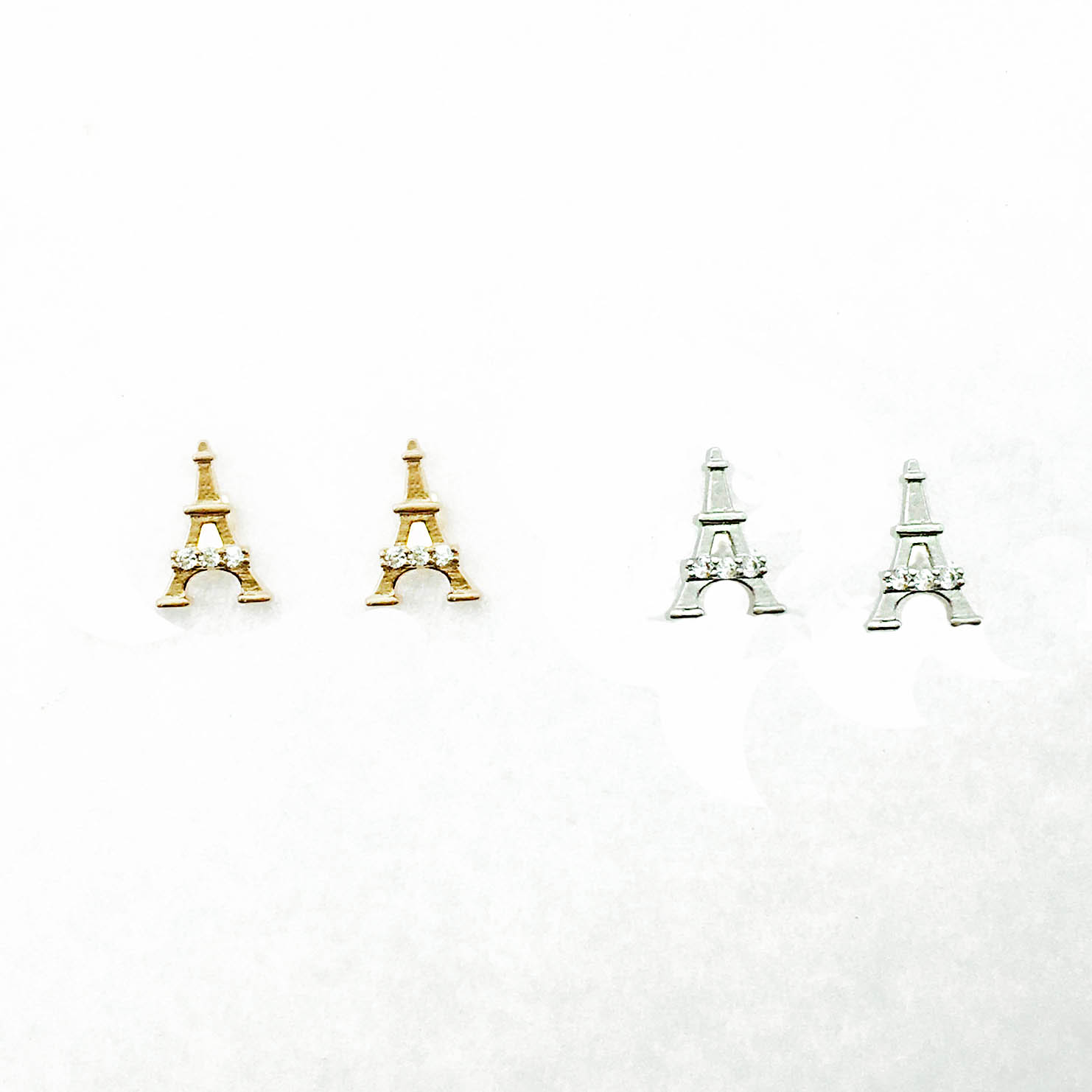 韓國 925純銀 水鑽 鐵塔 雙色 耳針式耳環