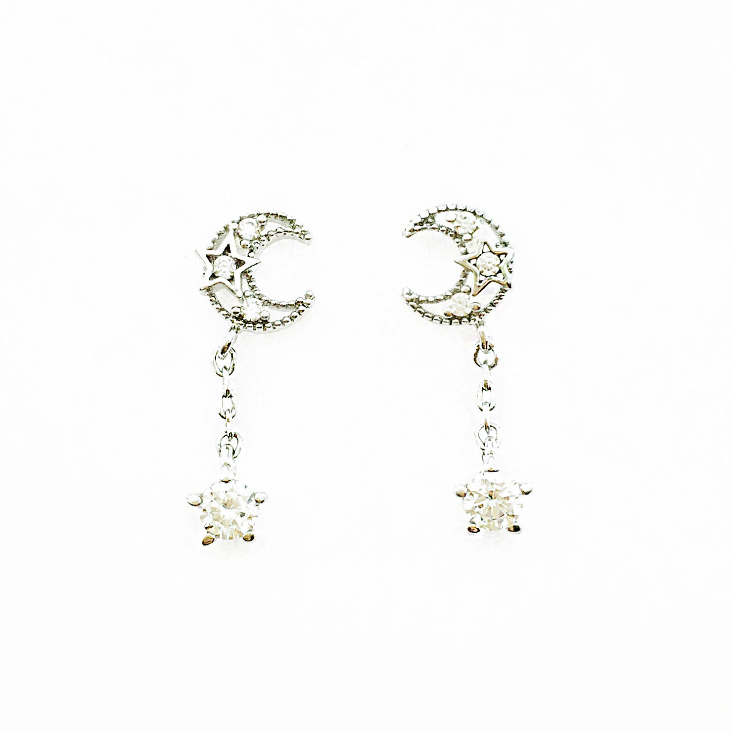 韓國 925純銀 水鑽 星星 月亮 垂墜感 耳針式耳環