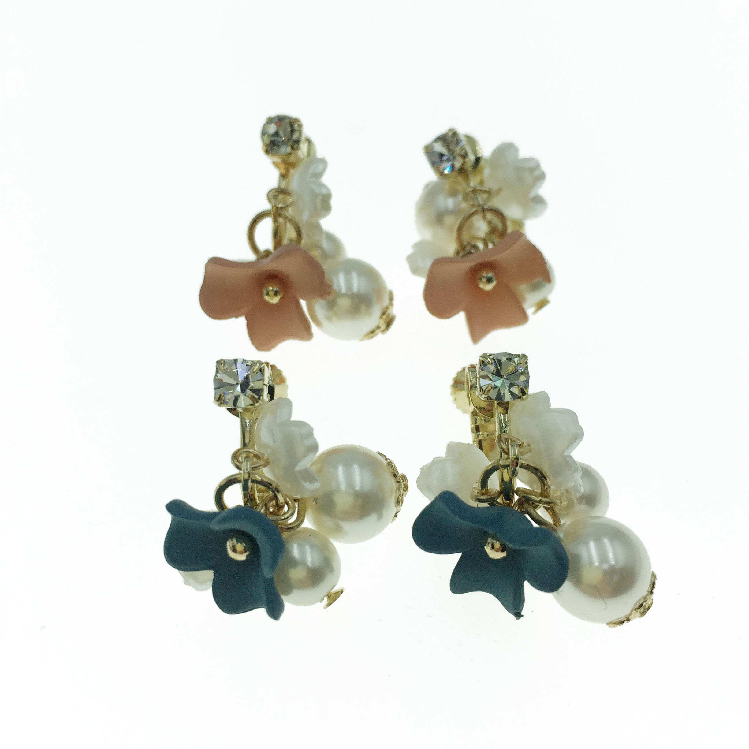 韓國 水鑽 珍珠 花朵 兩色 垂墜感 夾式 耳環