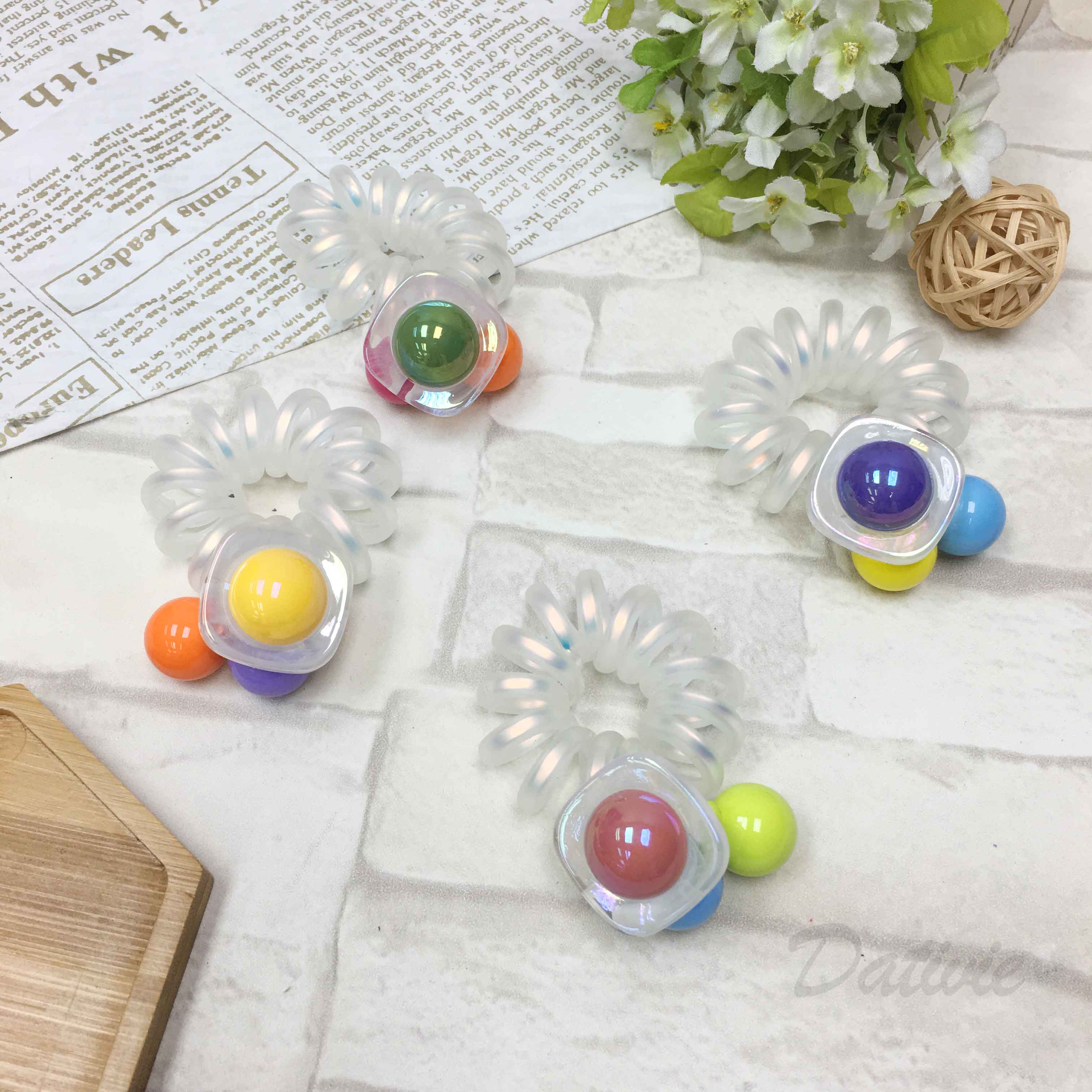 韓國 彩色球 方形 半圓 珍珠 透明感 四色 髮飾 電話線 髮圈