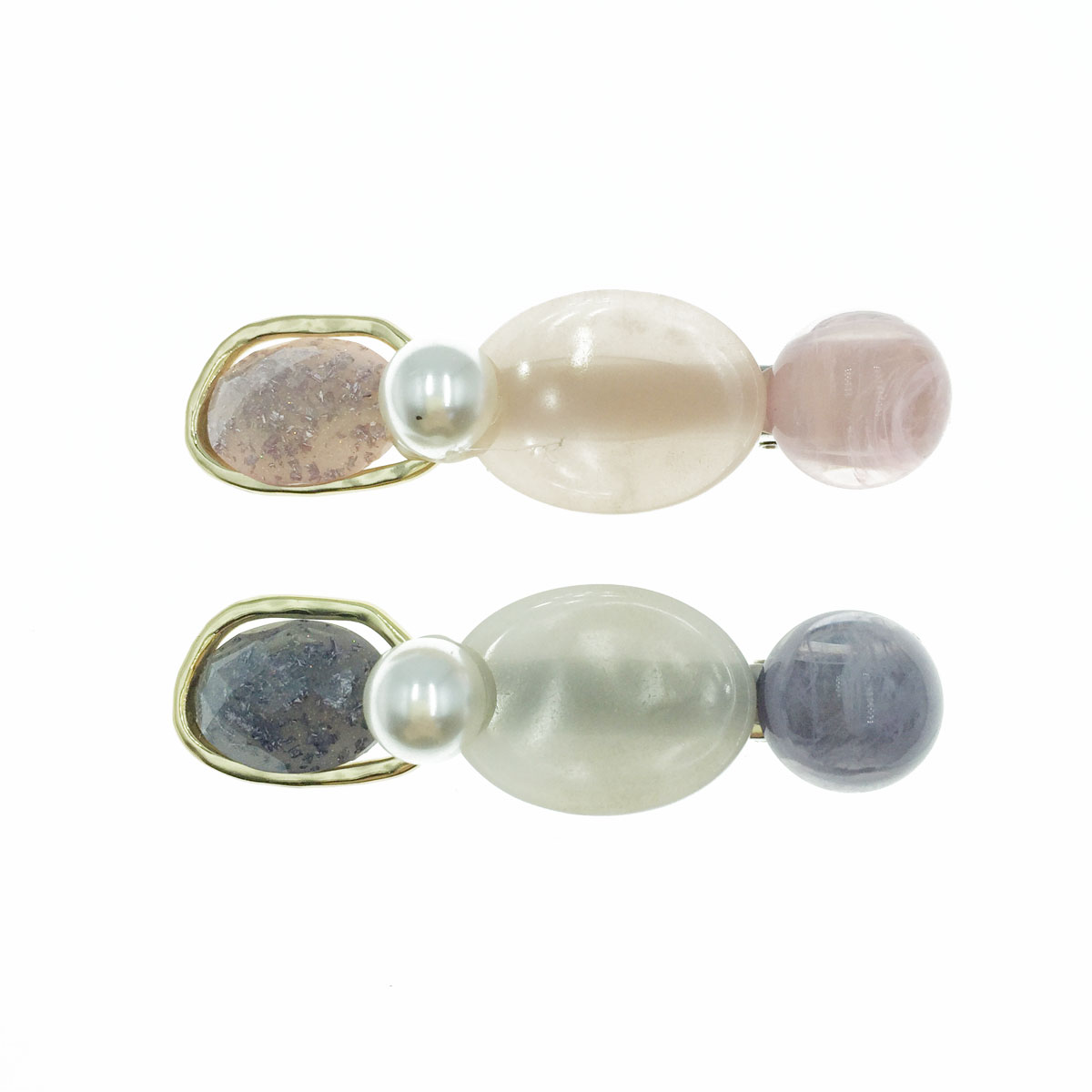 韓國 亮晶晶 寶石 珍珠 橢圓 大理石 壓夾 髮飾