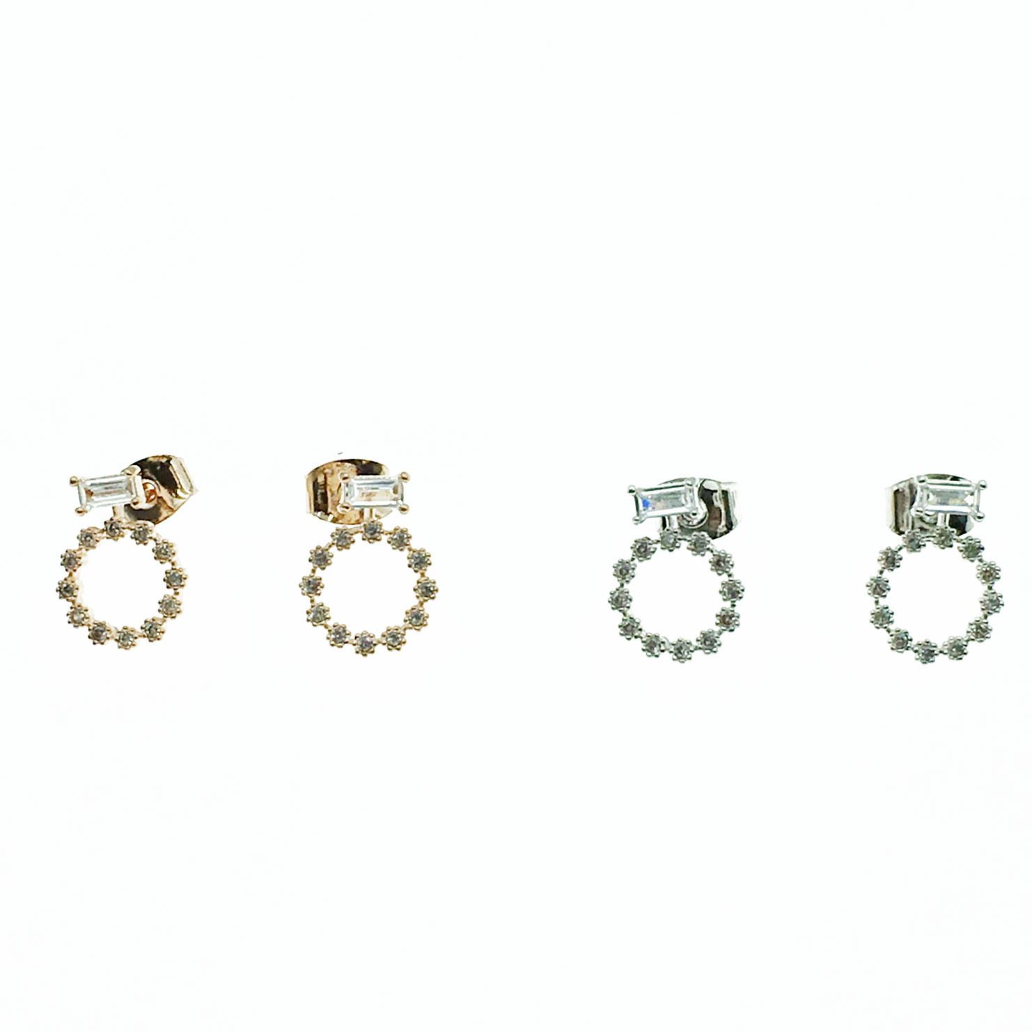 韓國 925純銀 方型 水鑽 圓型 簍空 閃耀 雙色 耳針式耳環