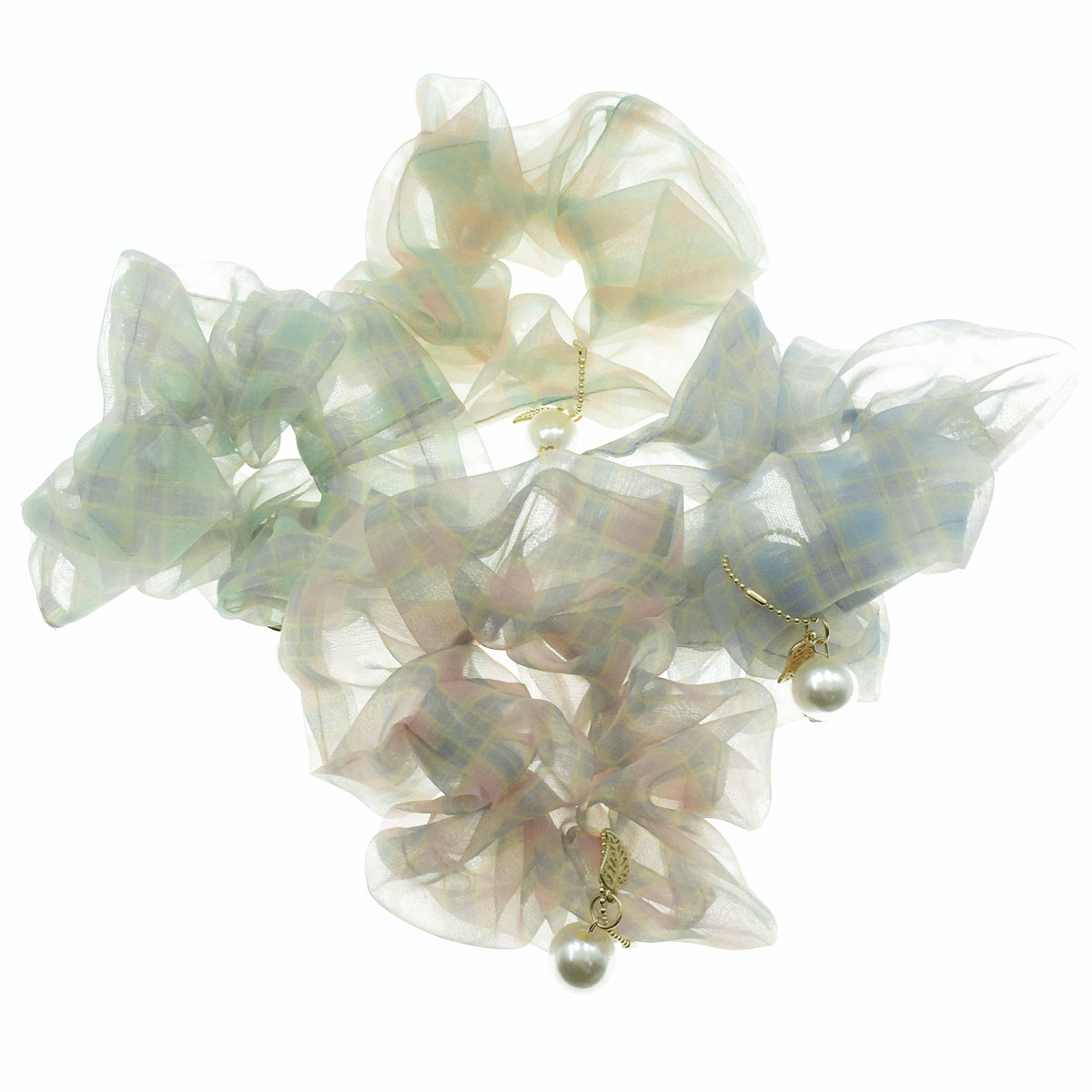 韓國 薄紗 格子 葉子 珍珠 四色 大腸圈 髮飾 
