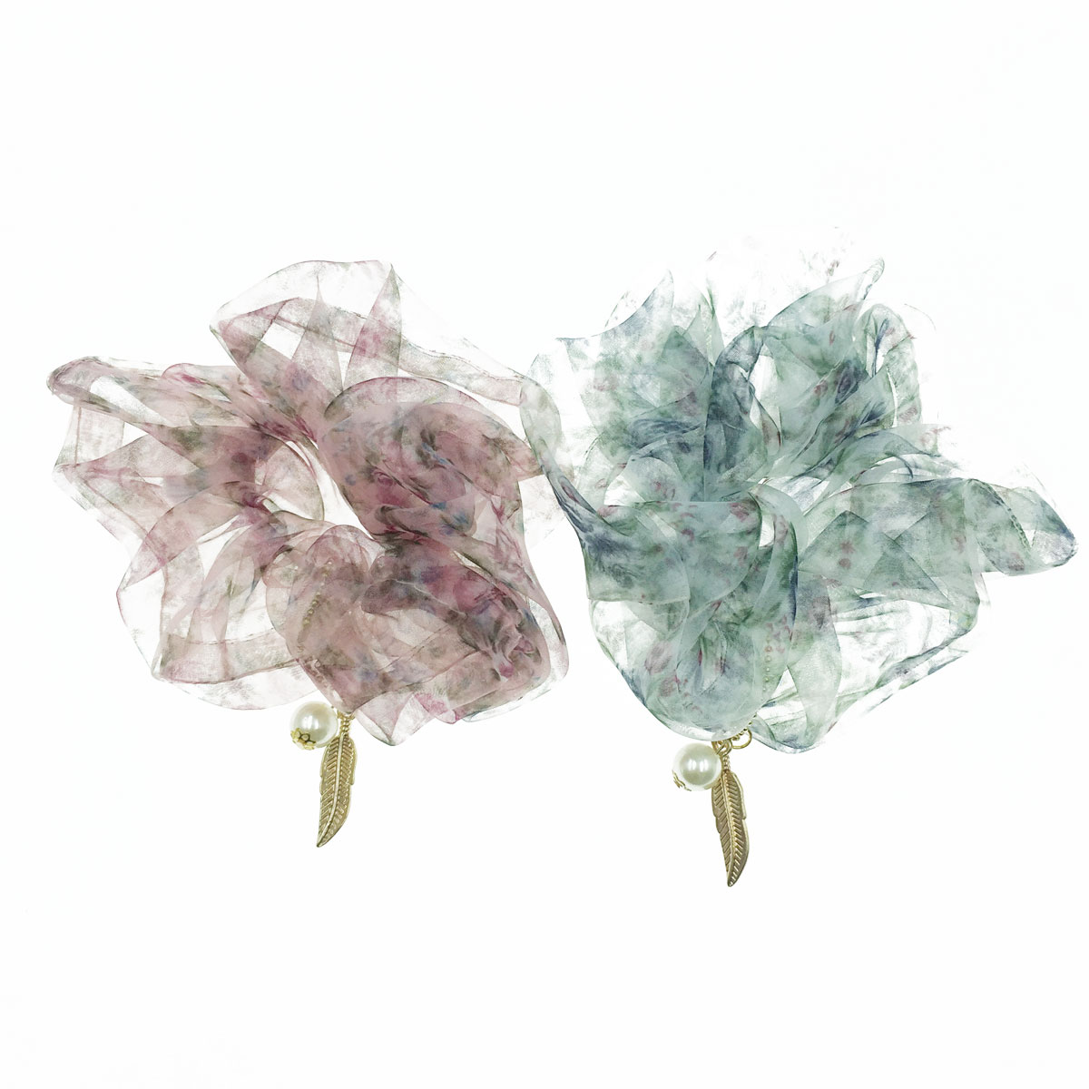 韓國 薄紗 花朵 葉子 珍珠 雙色 大腸圈 髮飾 