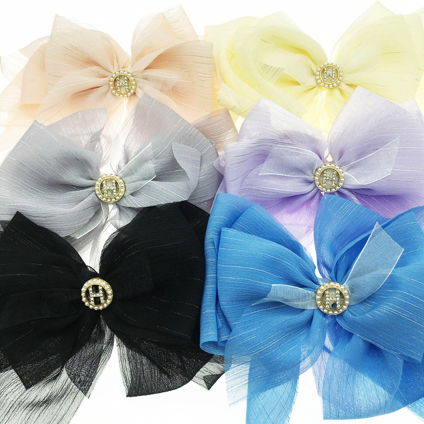 韓國 薄紗 珍珠 水鑽 蝴蝶結 氣質 六色 自動夾 髮夾 髮飾