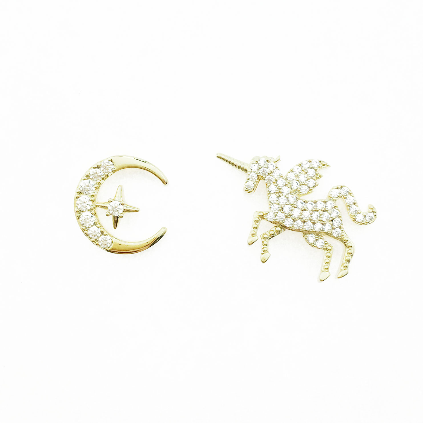 韓國 925純銀 水鑽 月亮 獨角獸 耳針式耳環