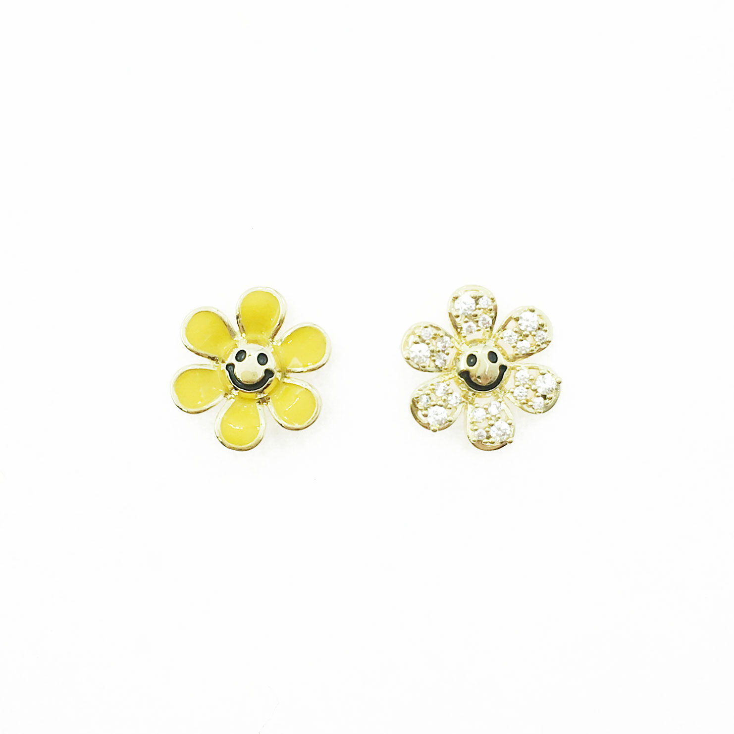 韓國 925純銀 水鑽 花朵 笑臉 趣味 耳針式耳環