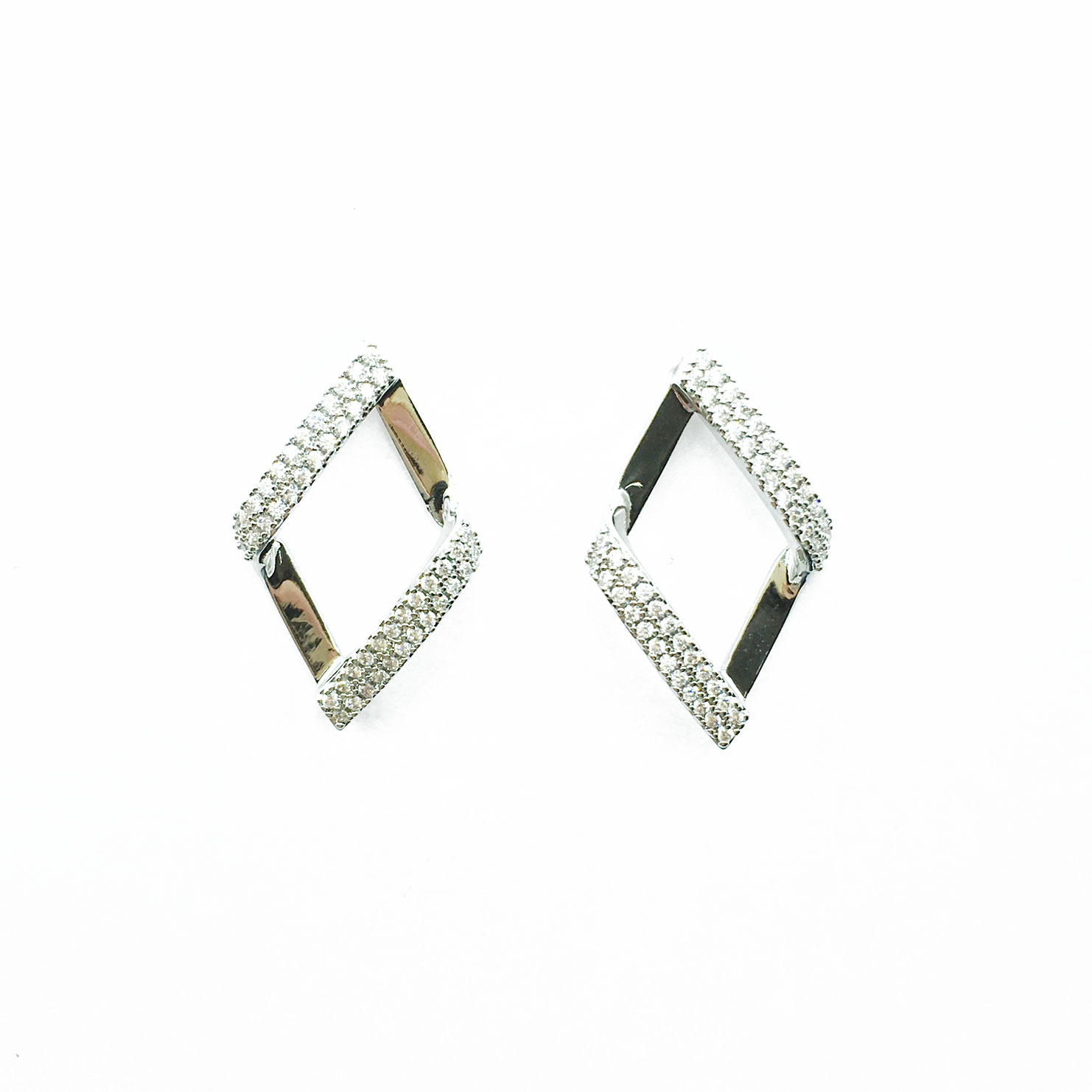 韓國 925純銀 水鑽 菱形 簍空 氣質 耳針式耳環