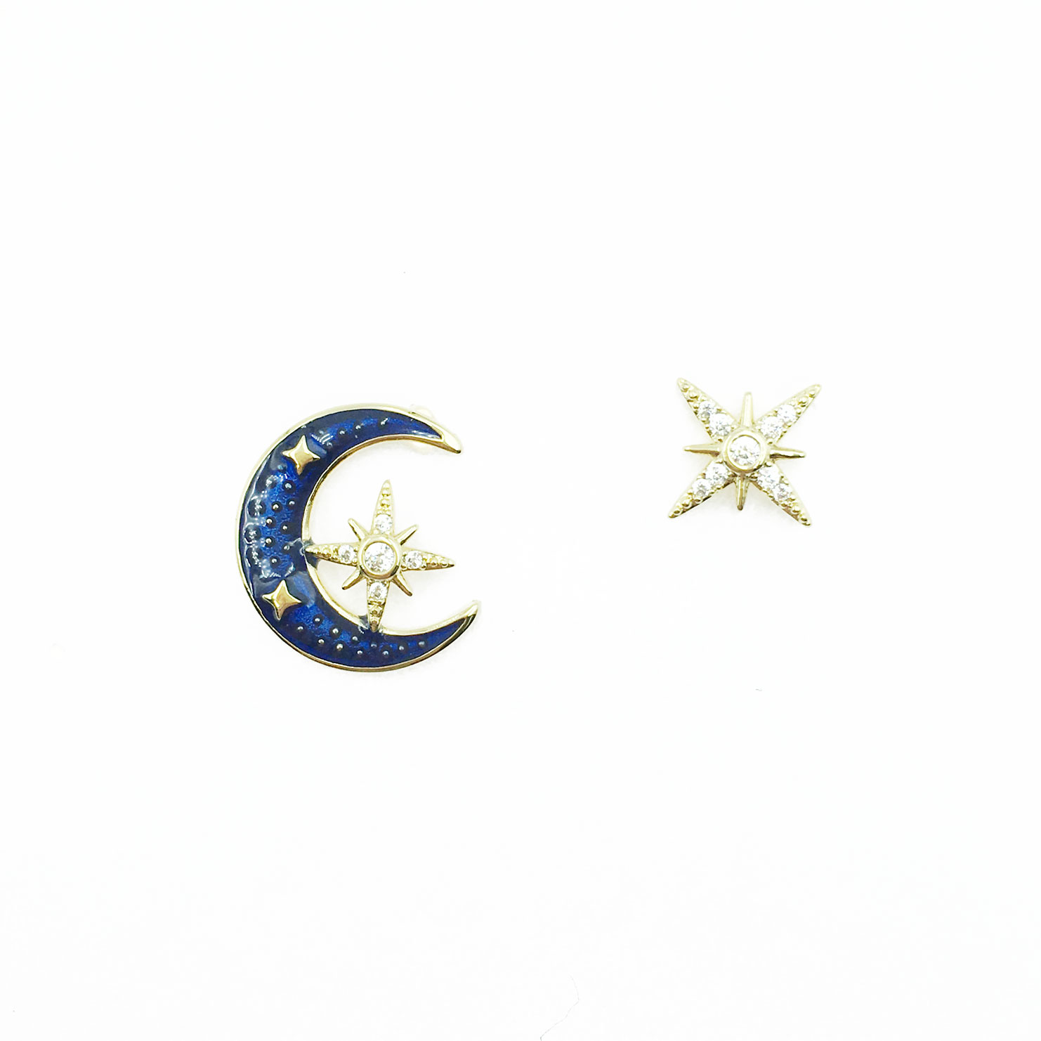 韓國 925純銀 水鑽 月亮 星芒 耳針式耳環