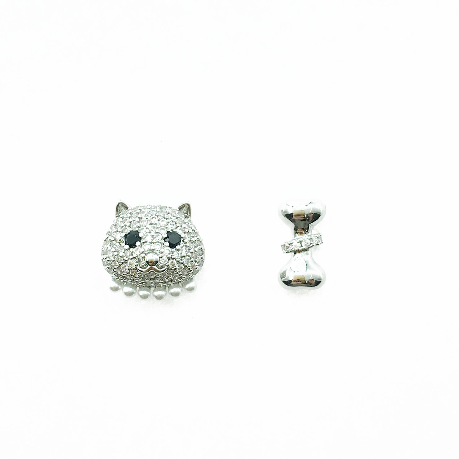 韓國 925純銀 水鑽 珍珠 貓咪 骨頭 可愛 耳針式耳環
