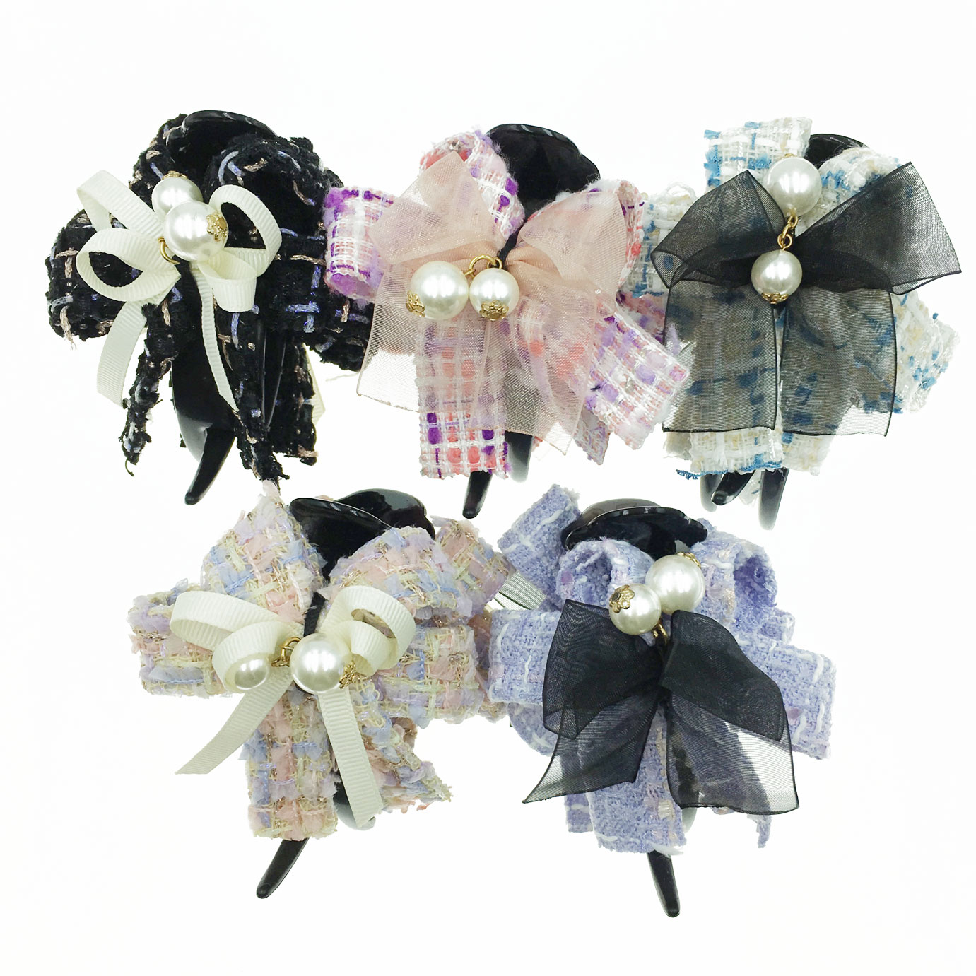 韓國 珍珠 小香風 布質 格紋 五色 三爪夾 髮飾