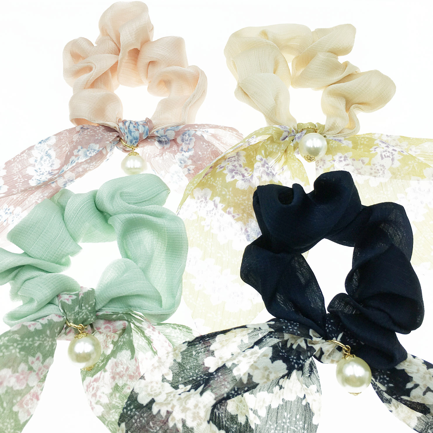 韓國 布料 碎花 排列 珍珠 四色 大腸圈 髮飾