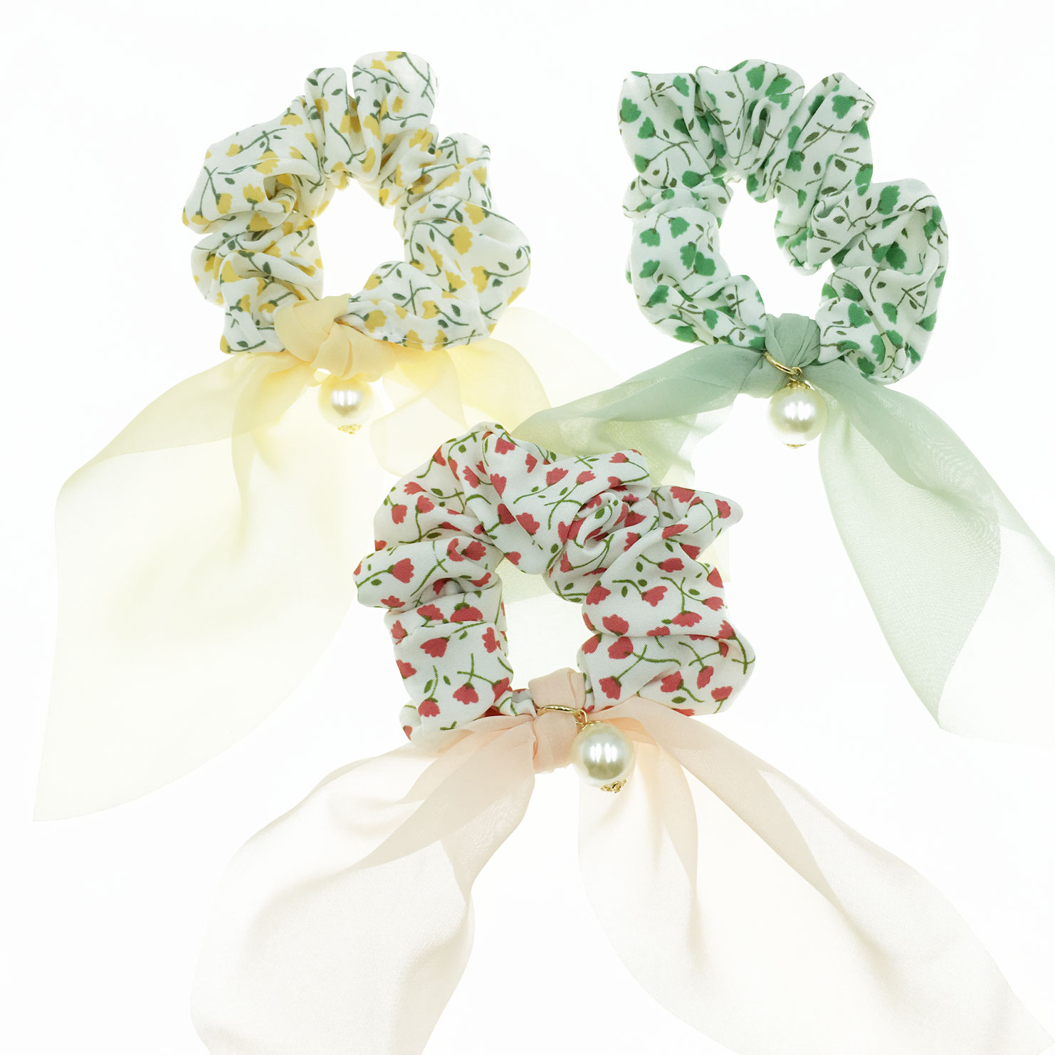 韓國 布料 花朵 活潑 珍珠 三色 大腸圈 髮飾
