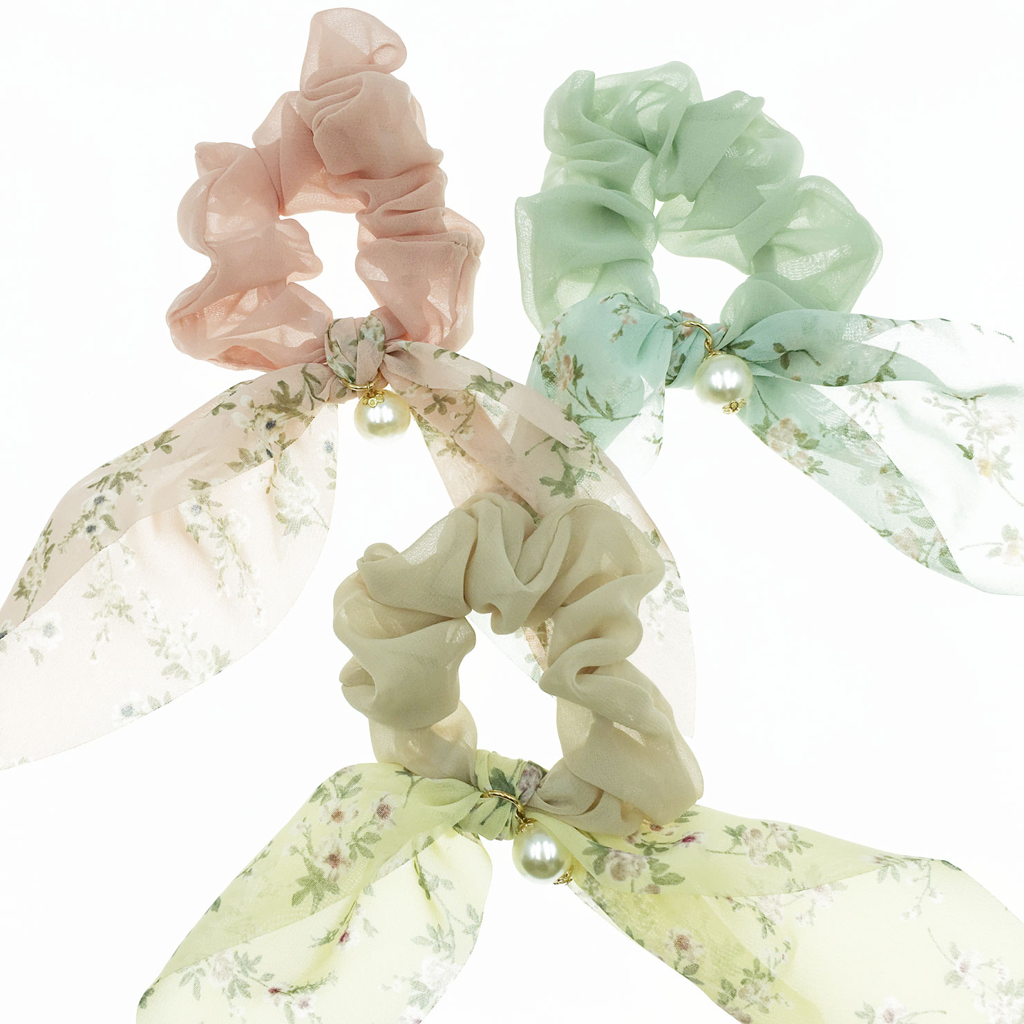 韓國 布料 碎花 氣質 珍珠 三色 大腸圈 髮飾