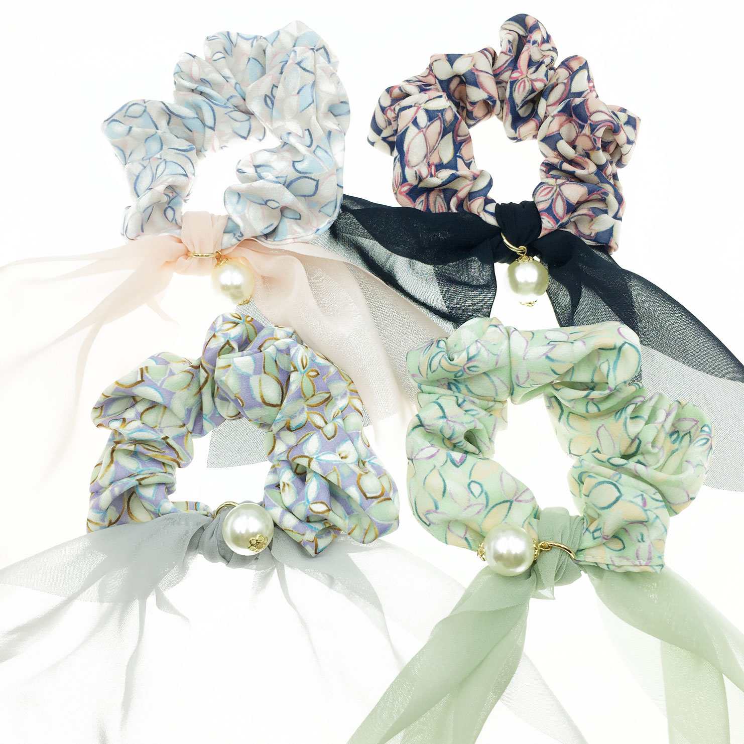 韓國 布料 花瓣 珍珠 四色 大腸圈 髮飾