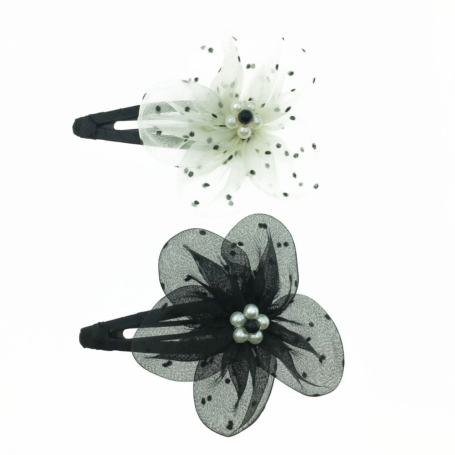 韓國 珍珠 薄紗 花朵 點點 雙色 撇撇夾 髮夾 髮飾