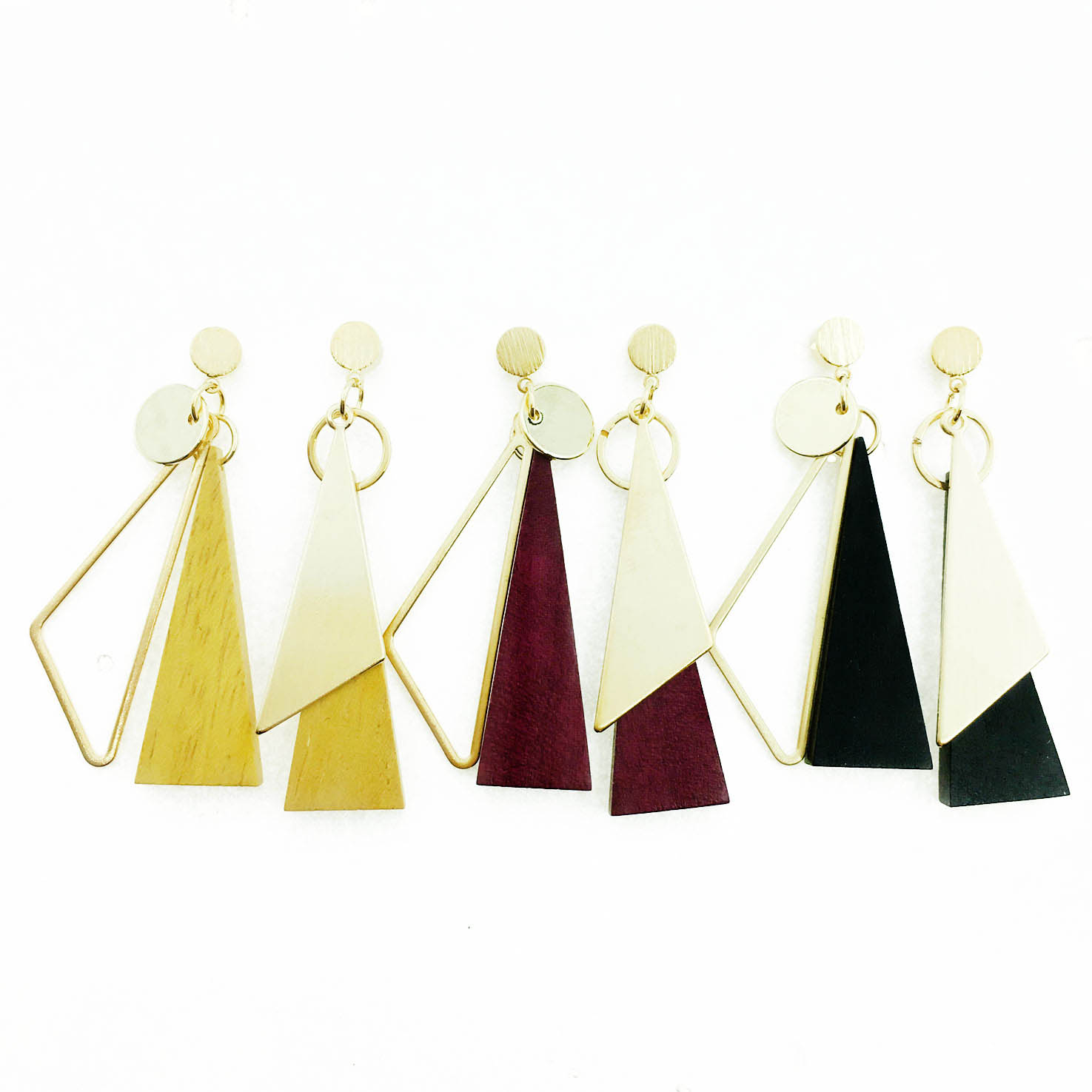 韓國 幾何 造型 三角形 簍空 垂墜感 三色 耳針式耳環