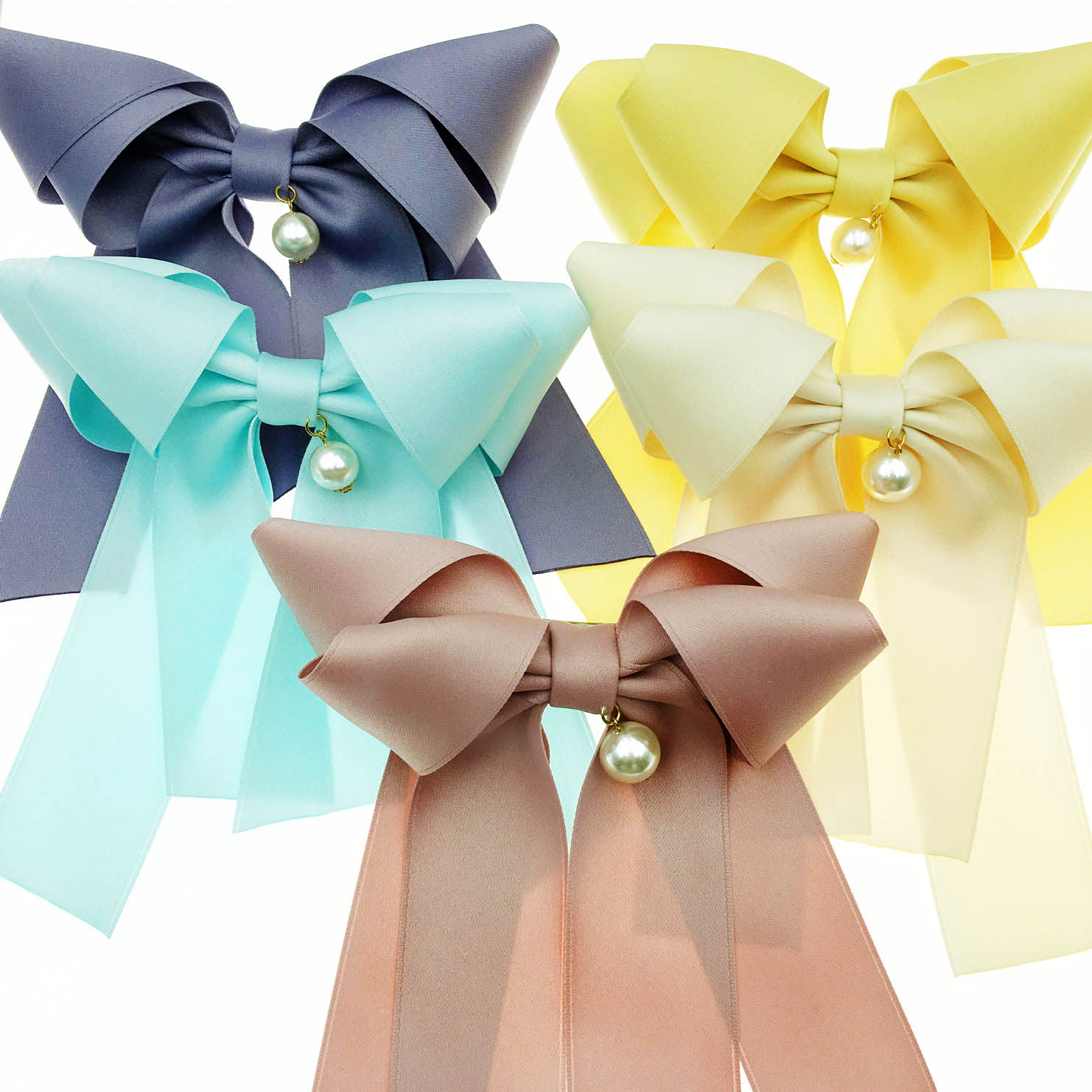 韓國 珍珠 蝴蝶結 緞帶 五色 自動夾 髮夾 髮飾