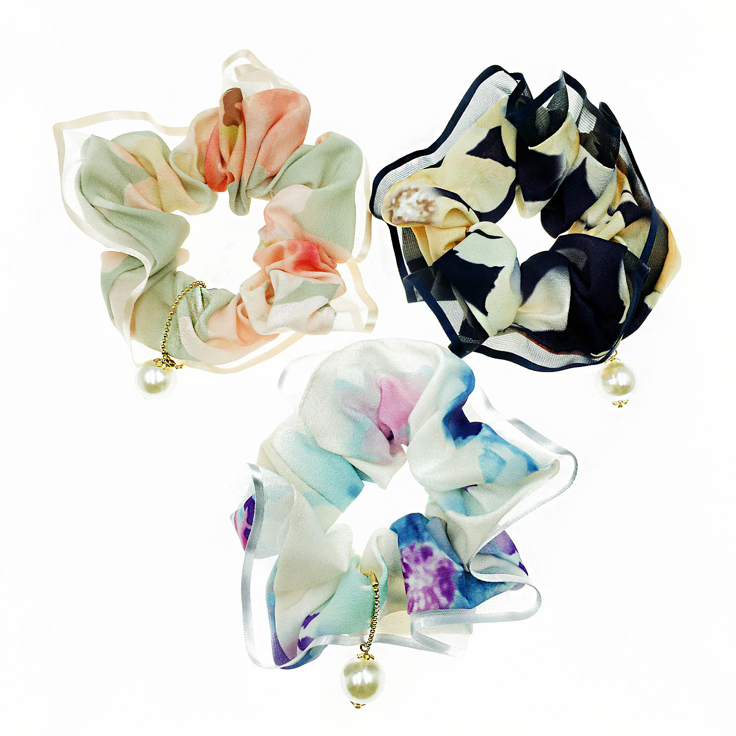 韓國 薄紗 布質 珍珠 印染 花朵 三色 大腸圈 髮飾