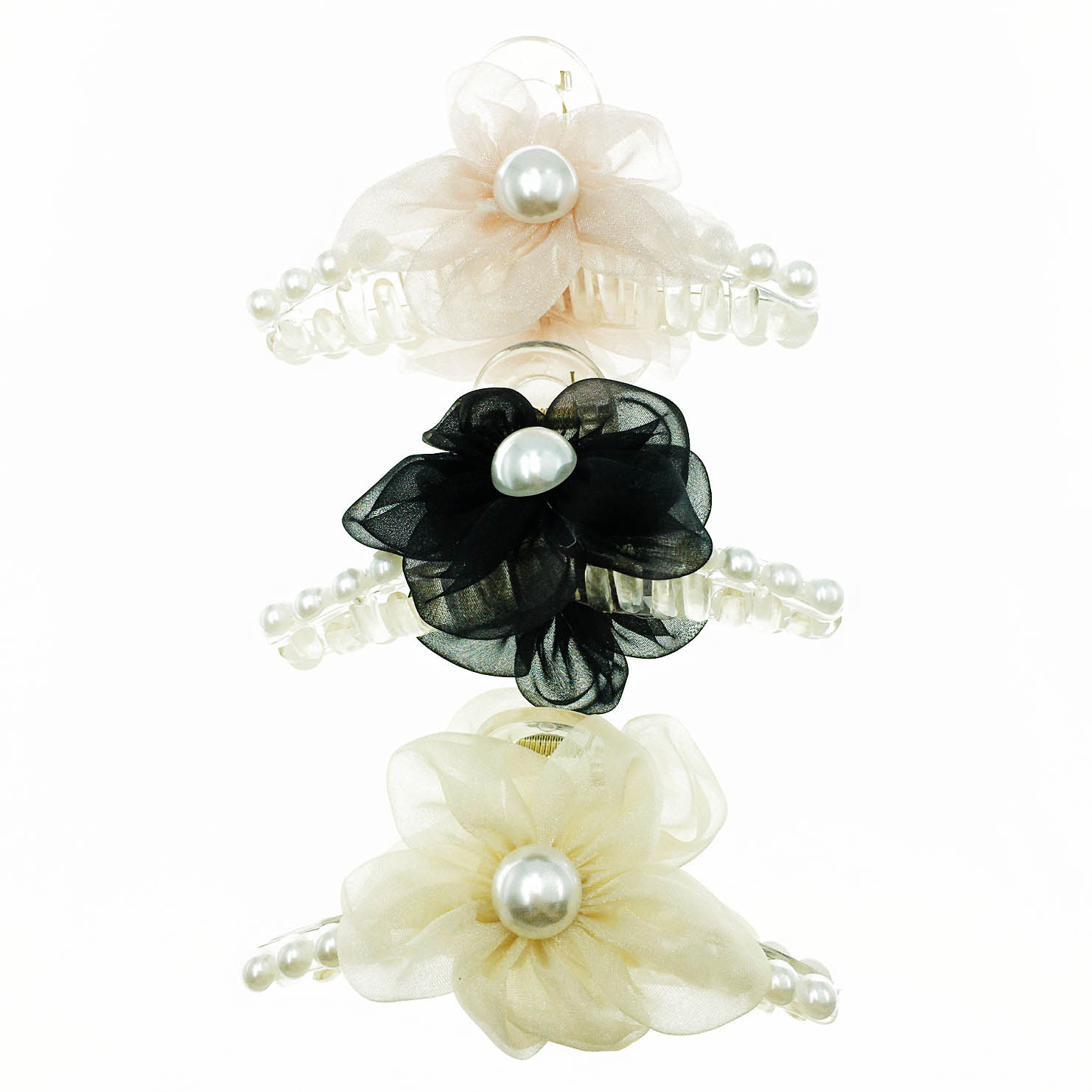韓國 薄紗 珍珠 花朵 透明 三色 鯊魚夾 髮飾