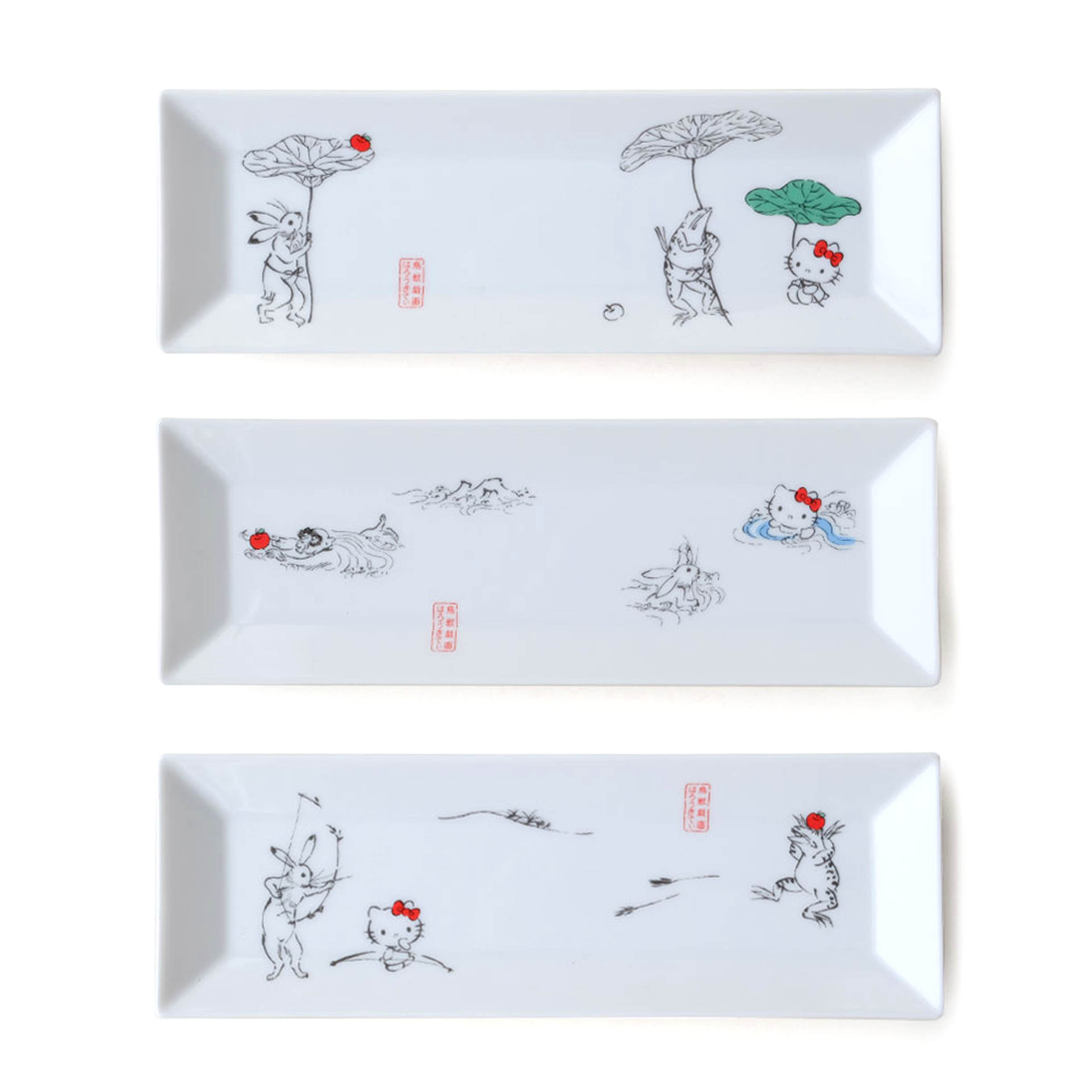長形盤 日本  sanrio凱蒂貓 弓遊び 水遊び 蓮の傘 ハローキティ鳥獸戲畫 HELLO KITTY  日本進口正版授權