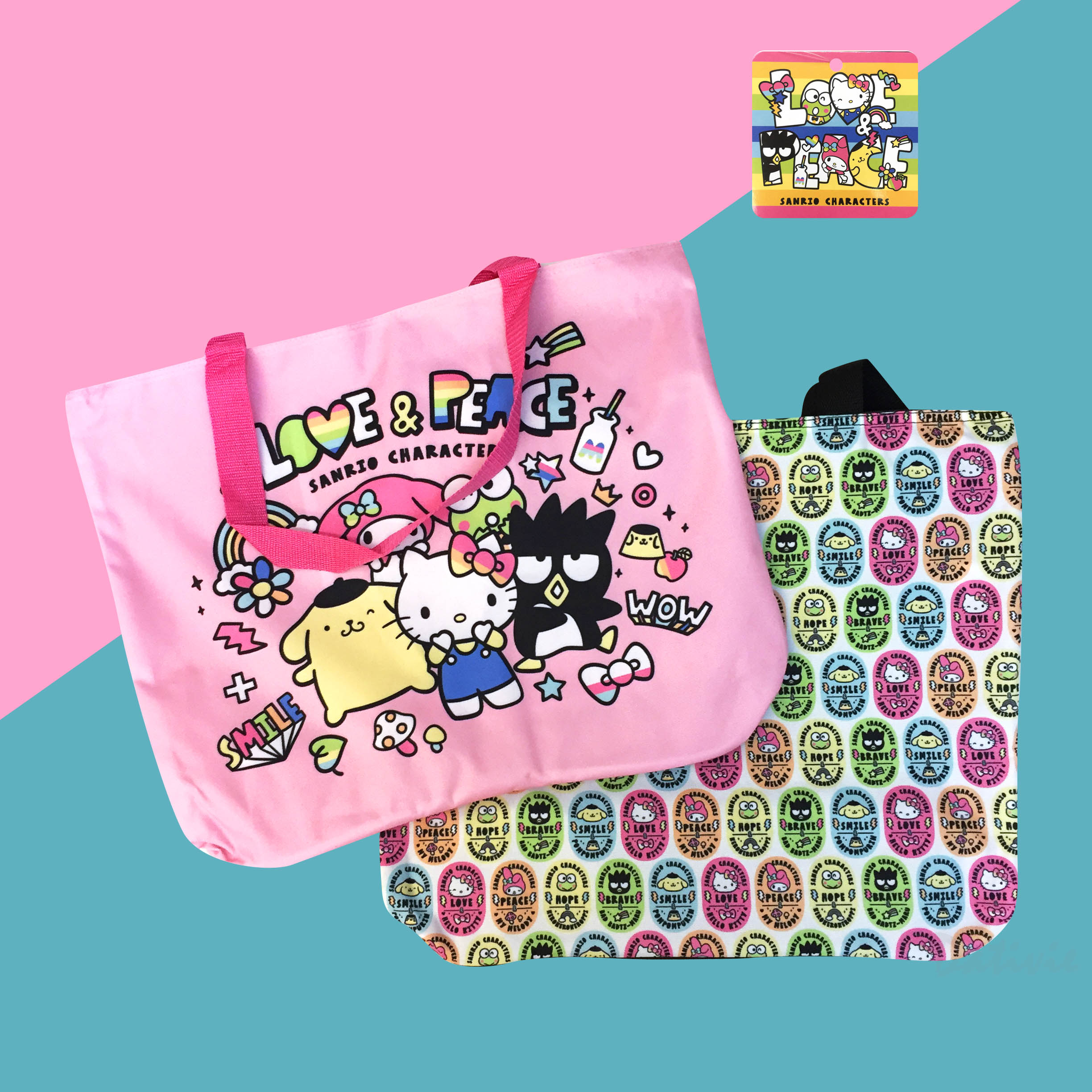 橫式帆布購物袋-凱蒂貓 HELLO KITTY LOVE&PEACE 三麗鷗 Sanrio 正版授權