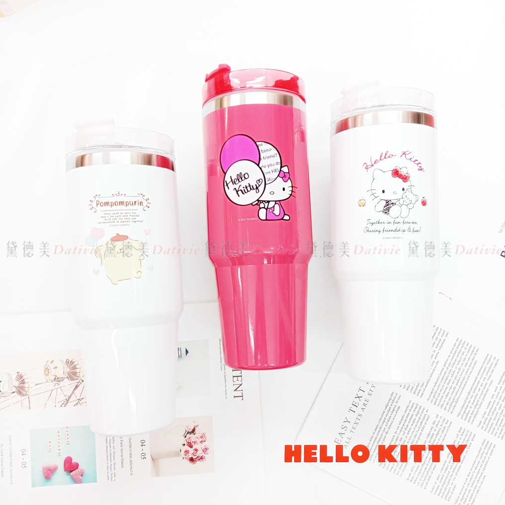 不鏽鋼把手吸管杯 900ml-凱蒂貓 布丁狗 HELLO KITTY 三麗鷗 Sanrio 正版授權