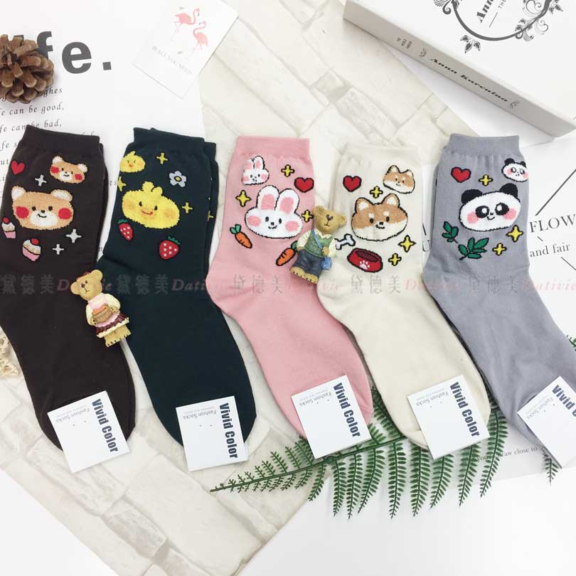 韓國襪 小動物 小熊 鴨子 兔子 柴犬 熊貓 五色 半統襪