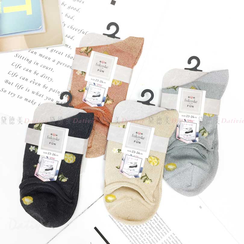 金蔥刺繡長筒襪 23~24cm-檸檬花朵 四分之三襪 長襪 日系 福助 fukuske 日本進口