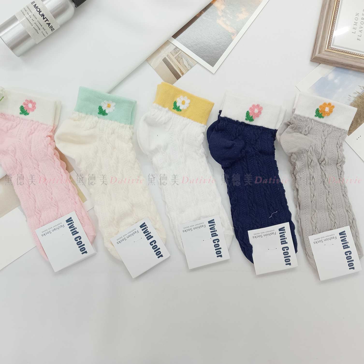 韓國襪 花紋 立體 花朵 五色 二分之一襪