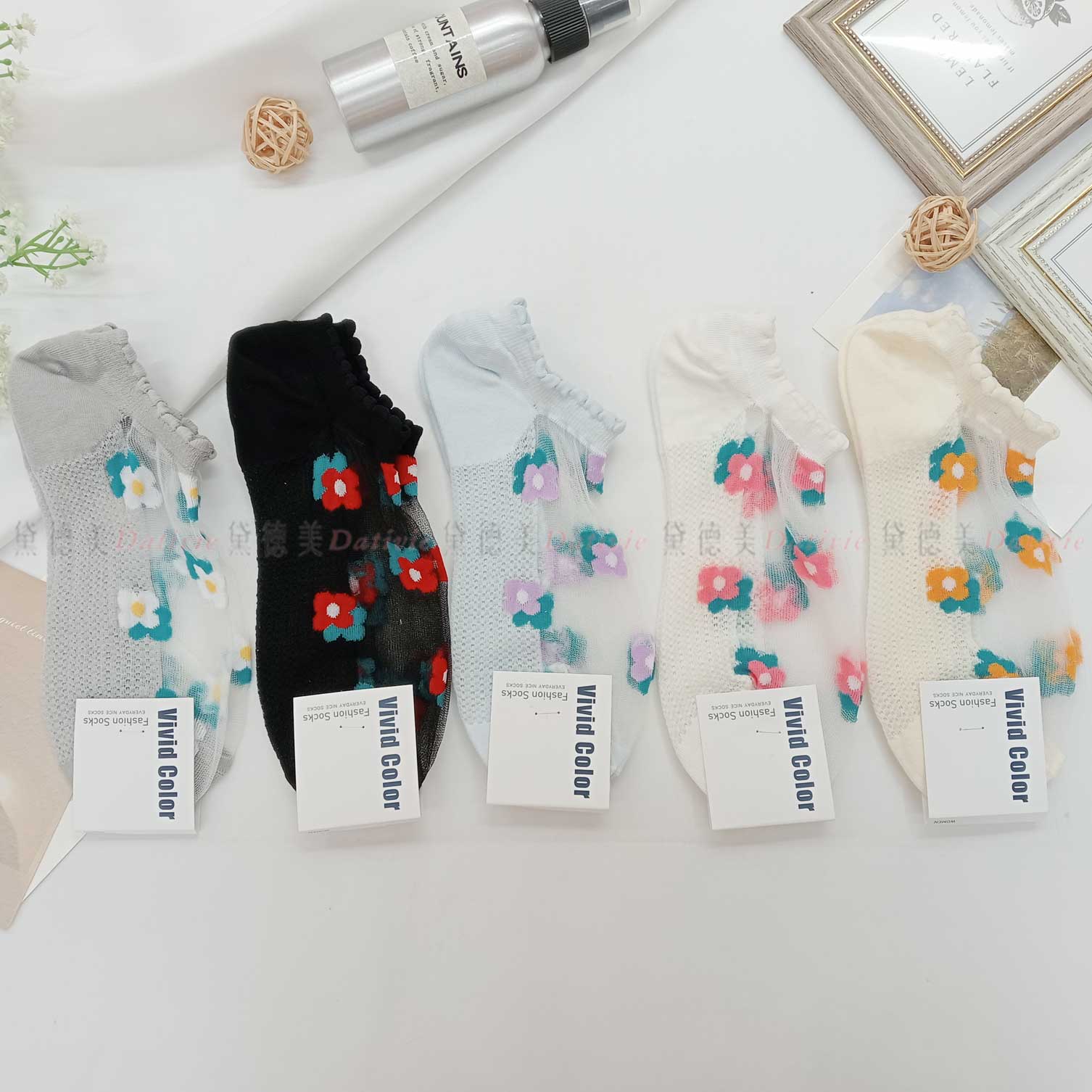 韓國襪 透膚 花朵 捲邊 四色 短襪