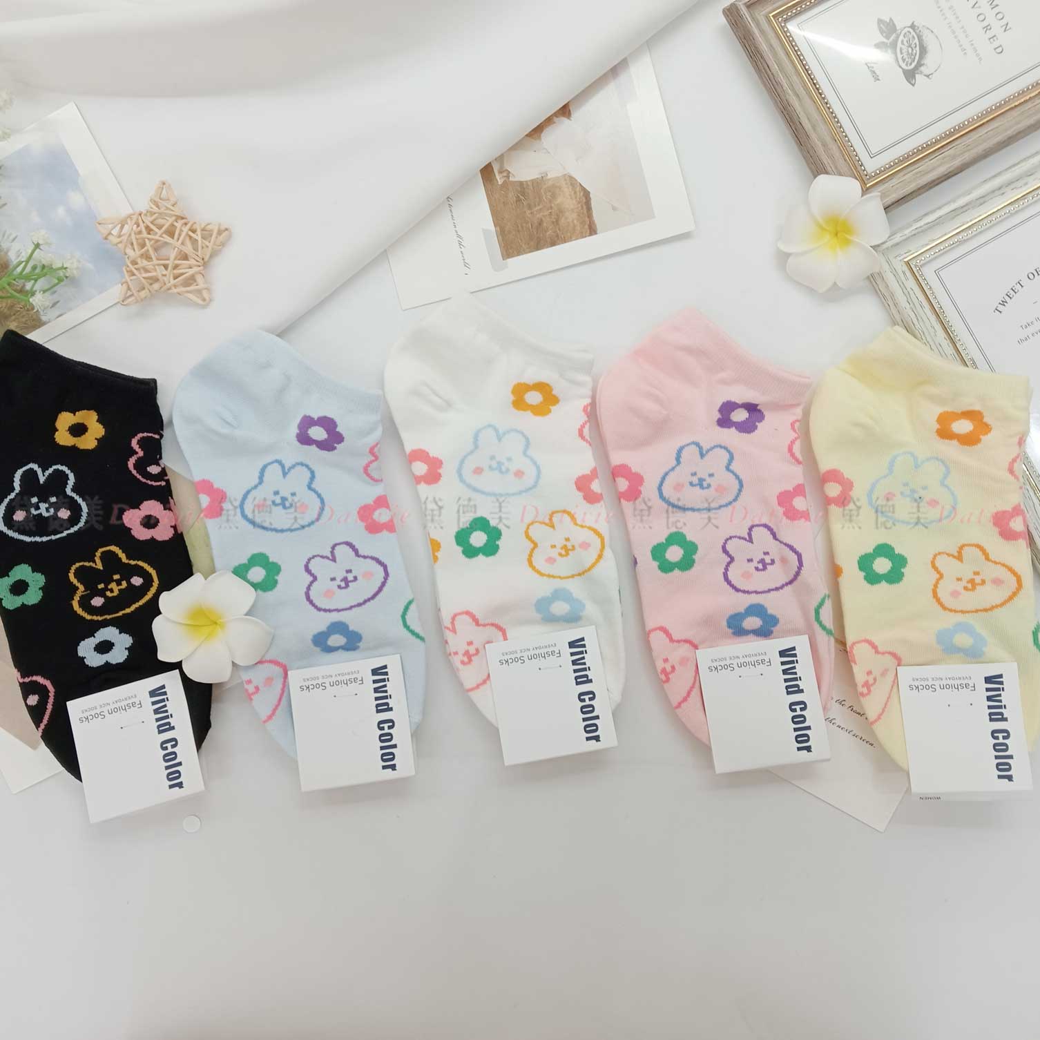 韓國襪 兔子 花朵 繽紛 活潑 五色 短襪