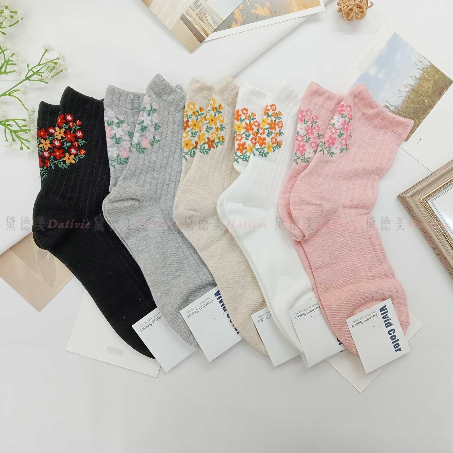 韓國襪 花朵 花束 五色 半統襪
