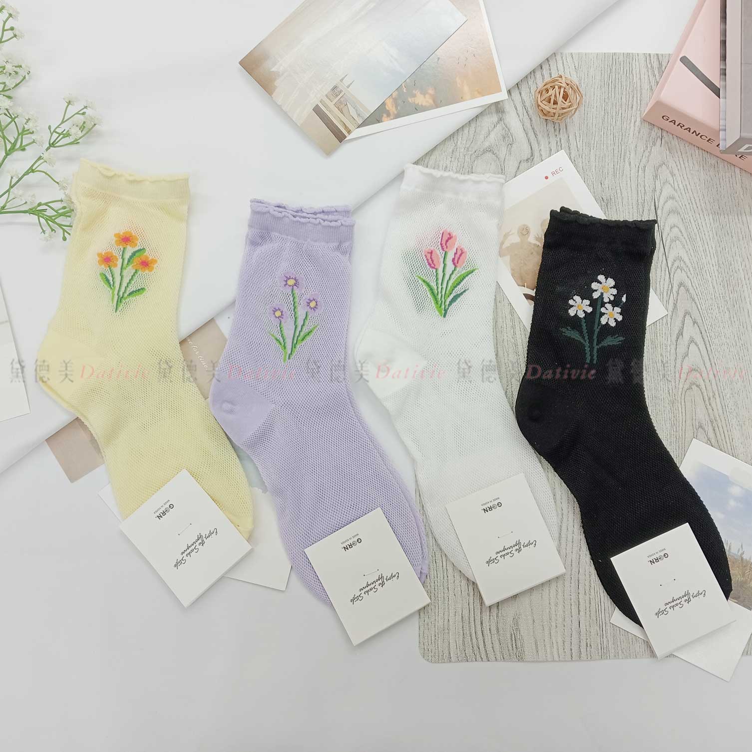 韓國襪 花朵 花束 鬱金香 四色 半統襪