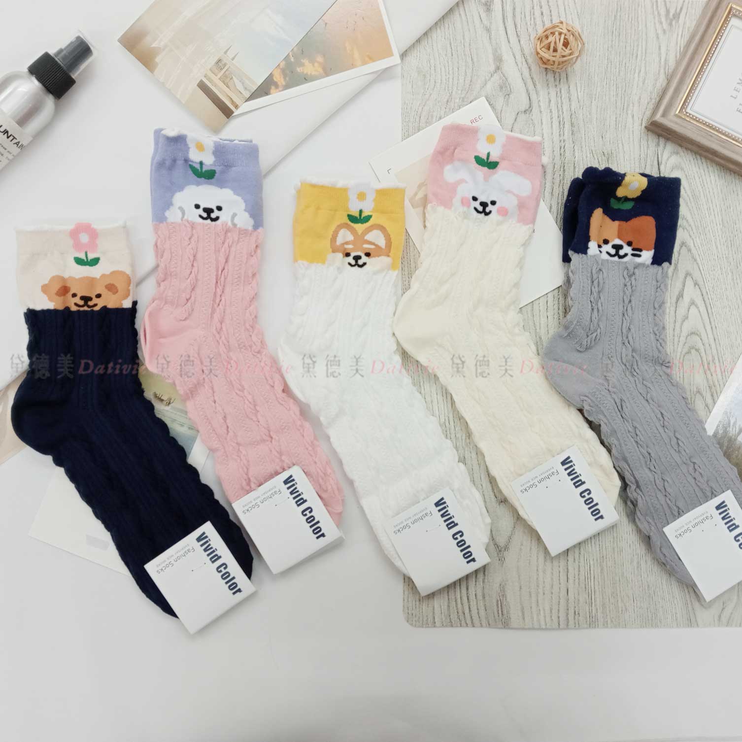 韓國襪 花紋 立體 小動物 五色 半統襪